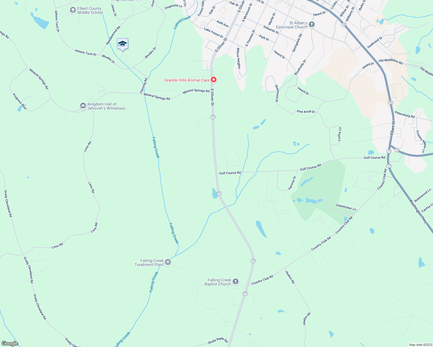 map of restaurants, bars, coffee shops, grocery stores, and more near Lexington Highway in Elberton