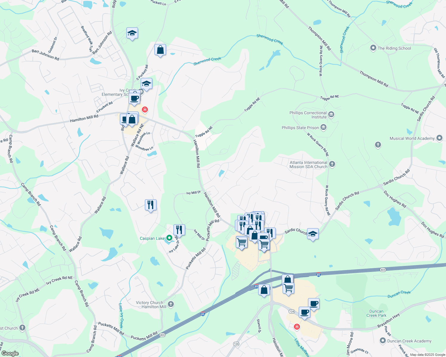 map of restaurants, bars, coffee shops, grocery stores, and more near 3668 Burel Mill Drive in Buford