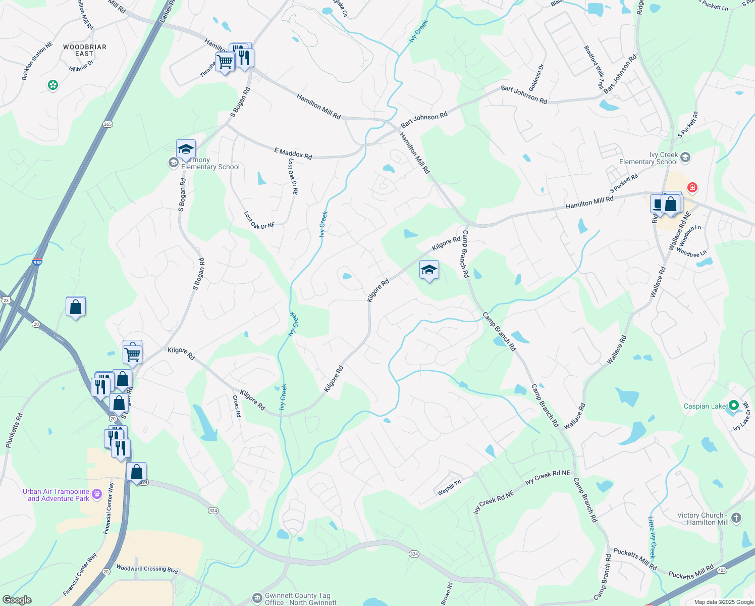 map of restaurants, bars, coffee shops, grocery stores, and more near 2577 Kilgore Road in Buford