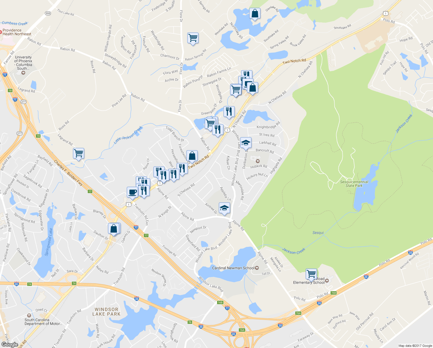 map of restaurants, bars, coffee shops, grocery stores, and more near 3081 Appleby Lane in Columbia