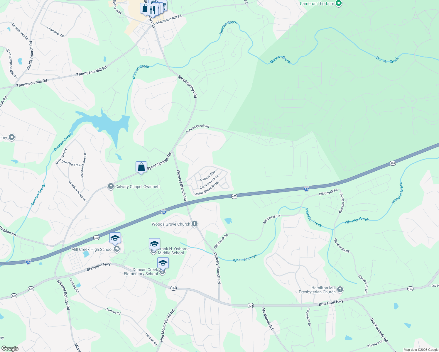 map of restaurants, bars, coffee shops, grocery stores, and more near 5325 Cactus Cove Lane in Buford