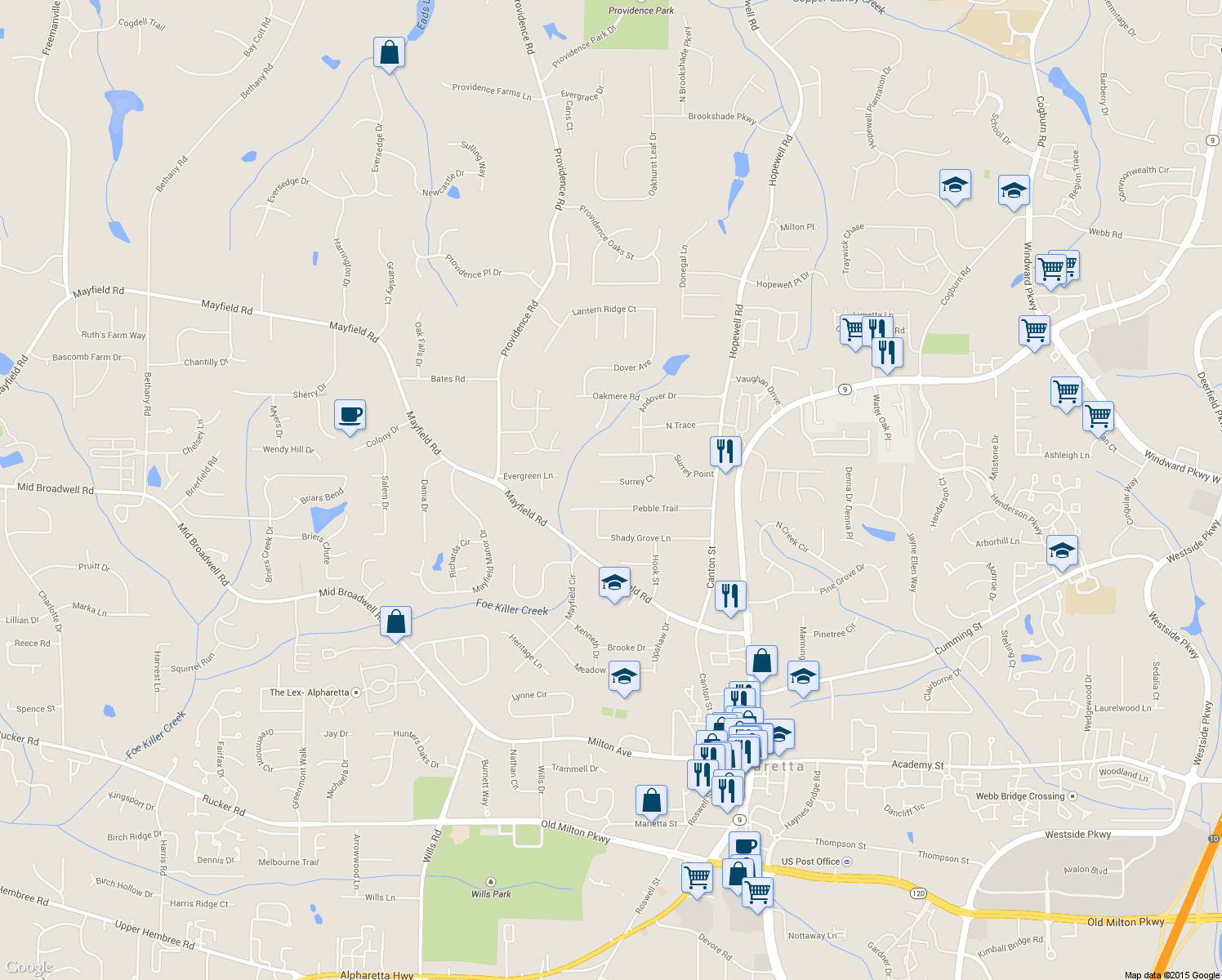 map of restaurants, bars, coffee shops, grocery stores, and more near 5600 Surrey Court in Alpharetta
