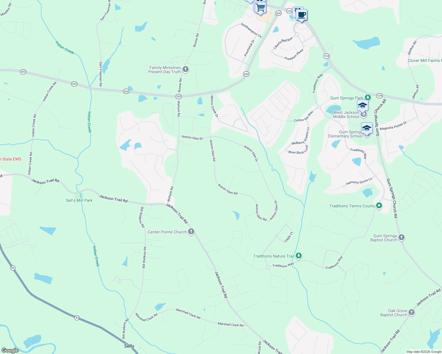 map of restaurants, bars, coffee shops, grocery stores, and more near 351 Antrim Glen Rd in Hoschton