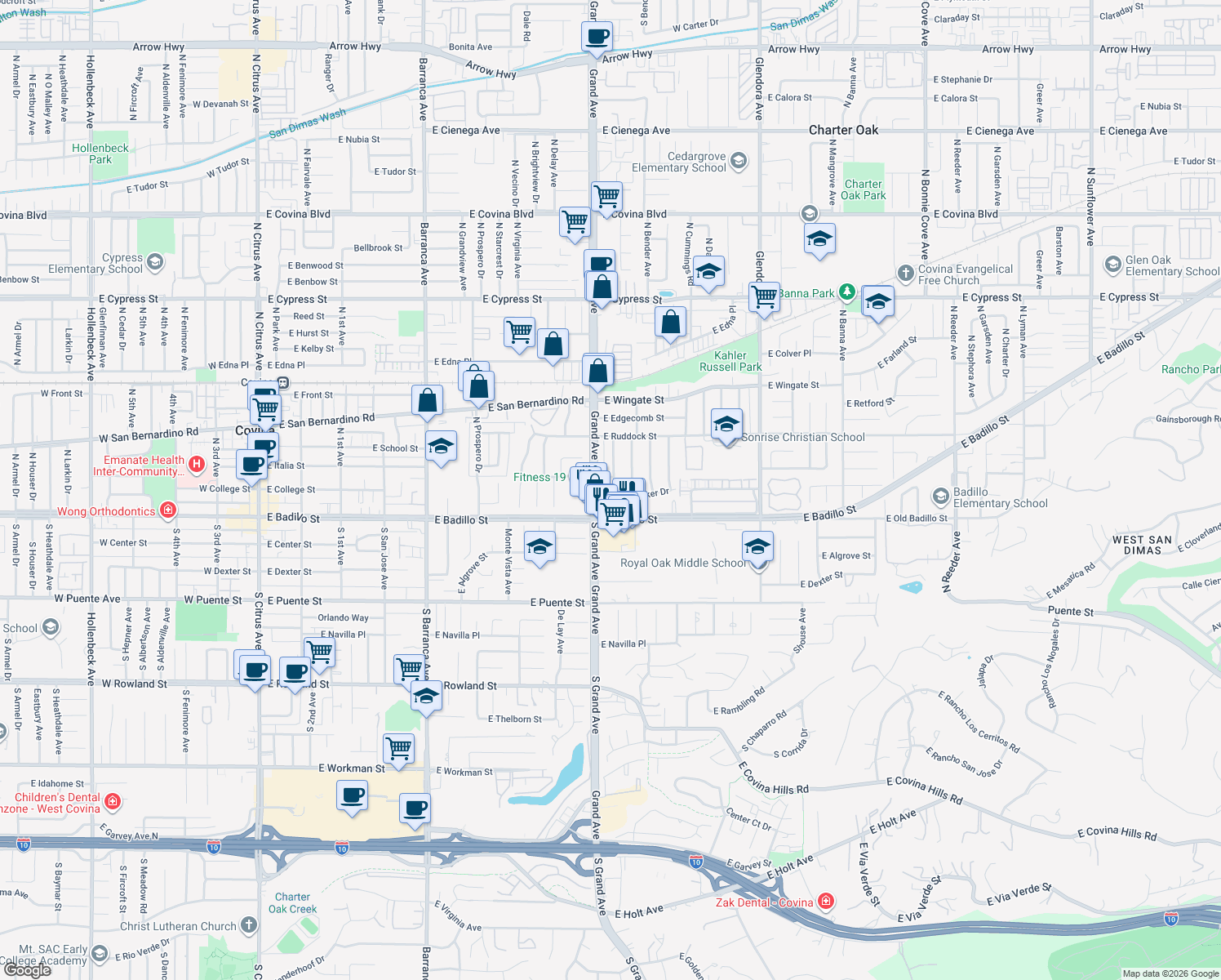 map of restaurants, bars, coffee shops, grocery stores, and more near 207 Shadyglen Drive in Covina