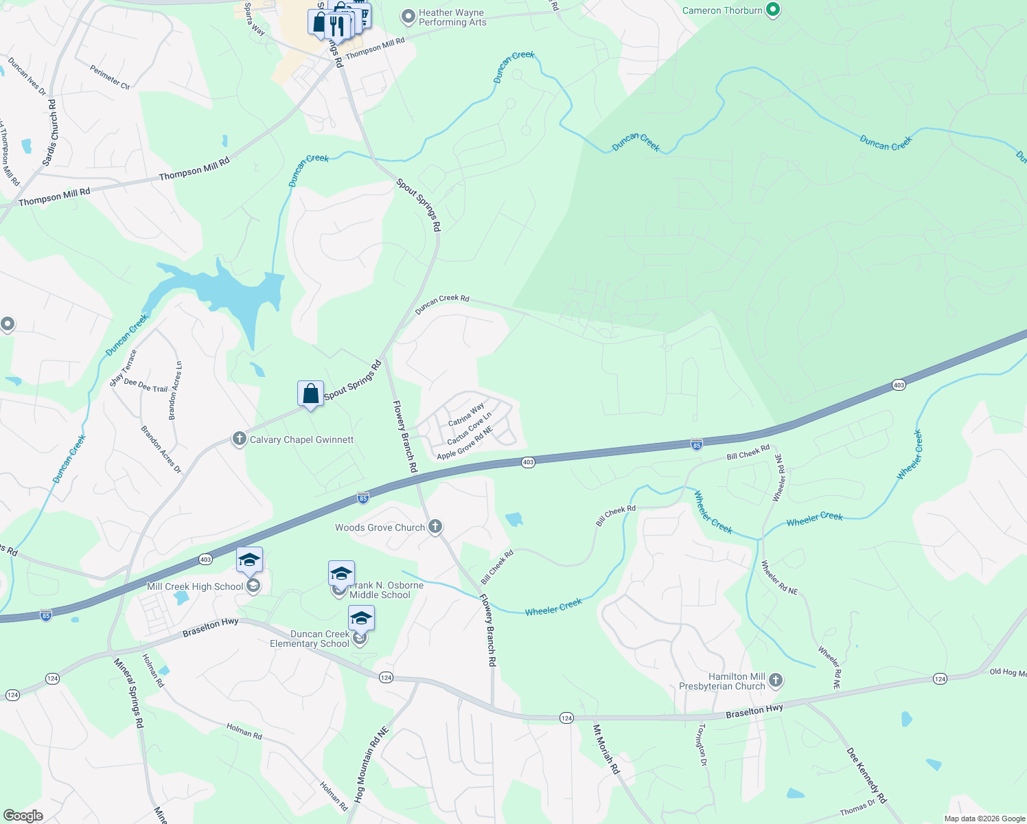 map of restaurants, bars, coffee shops, grocery stores, and more near 5586 Apple Grove Road Northeast in Buford