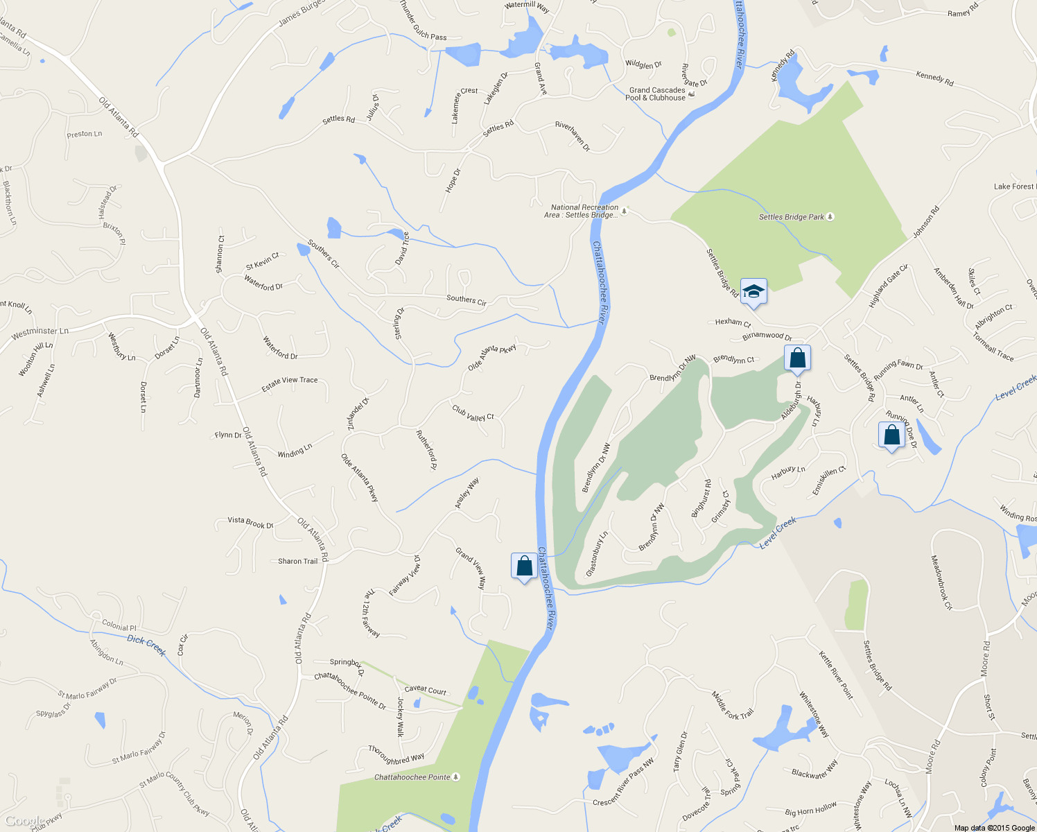 map of restaurants, bars, coffee shops, grocery stores, and more near 6630 River Crest Point in Suwanee