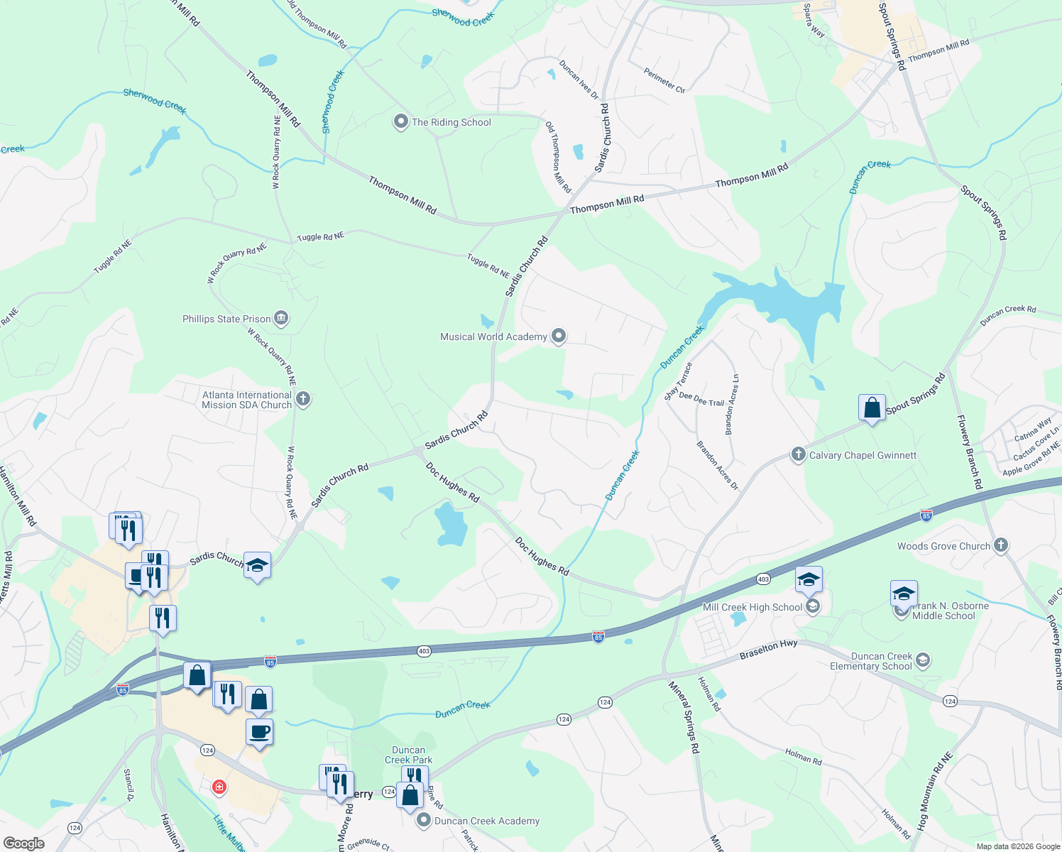 map of restaurants, bars, coffee shops, grocery stores, and more near 2759 Sardis Ridge Court in Buford