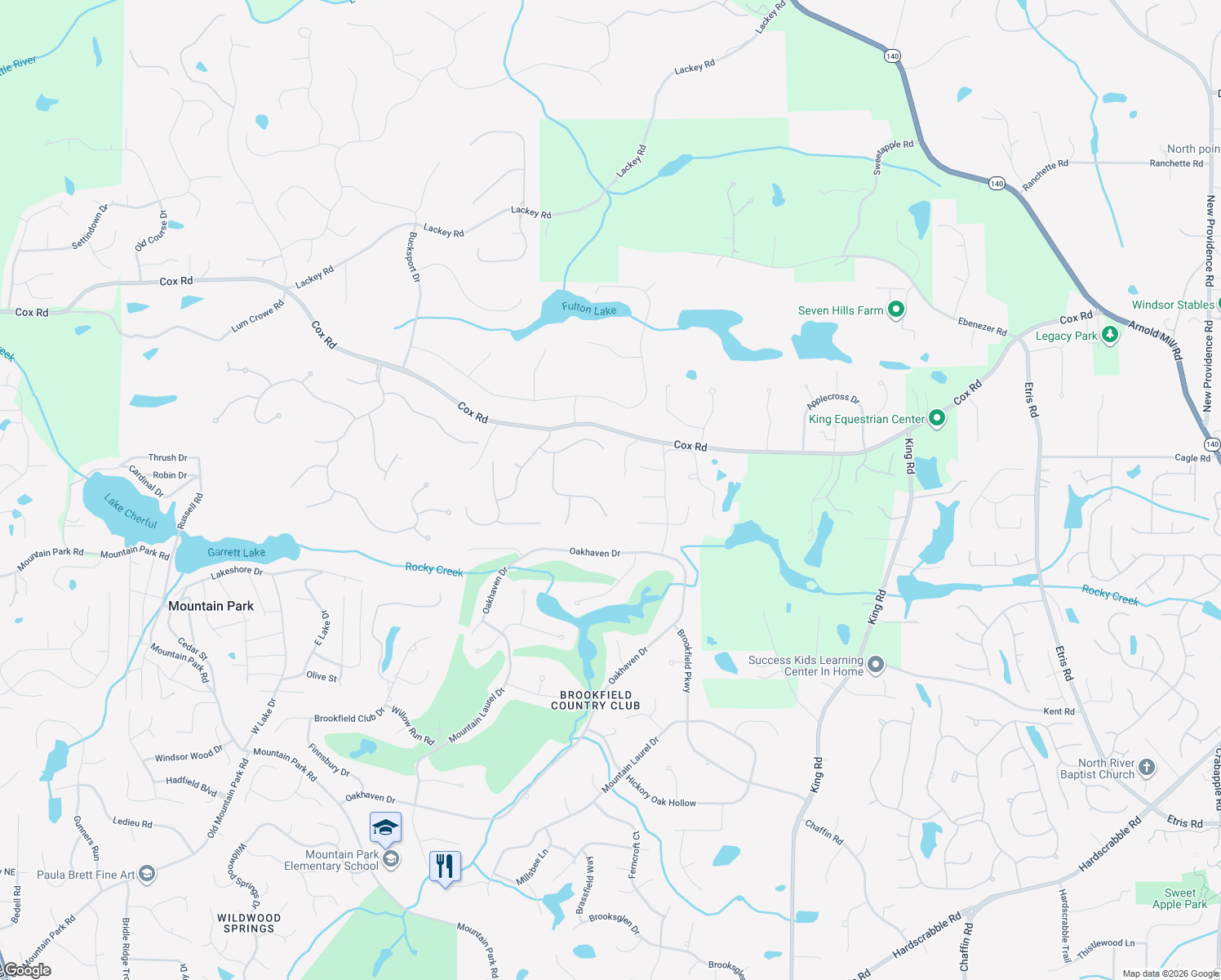 map of restaurants, bars, coffee shops, grocery stores, and more near 5085 Huntwood Way in Roswell