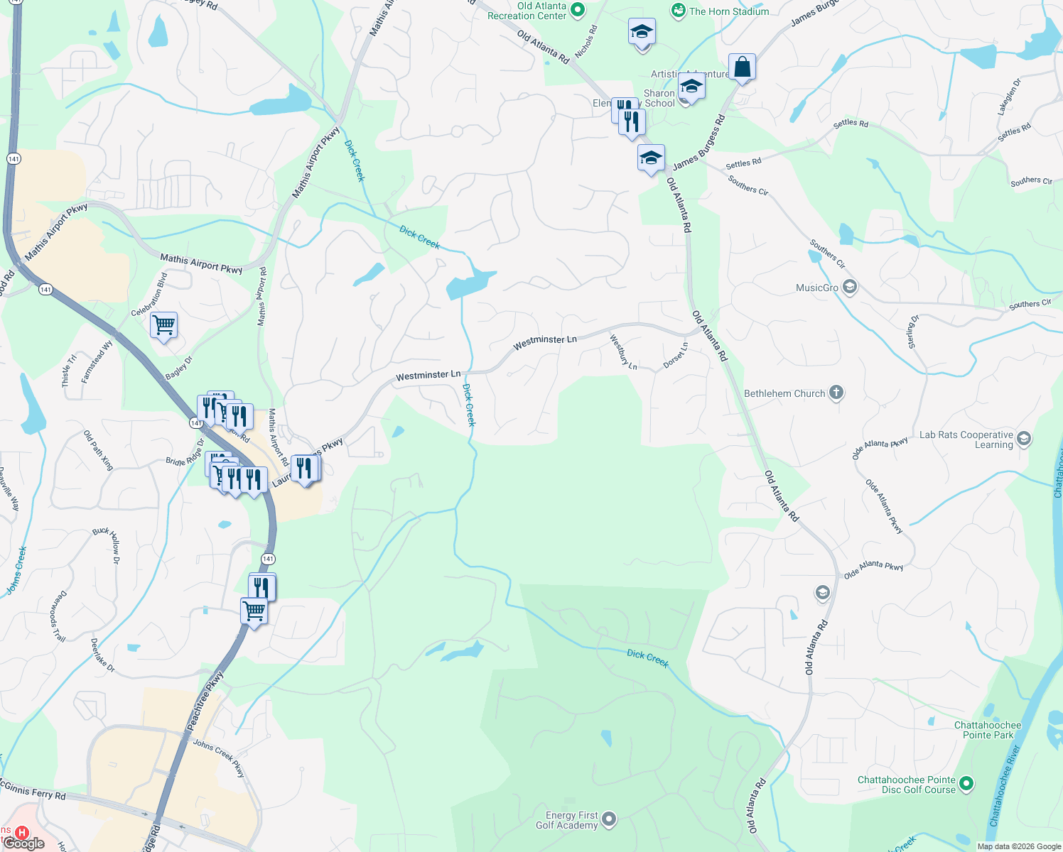 map of restaurants, bars, coffee shops, grocery stores, and more near 4910 Ashwell Lane in Suwanee