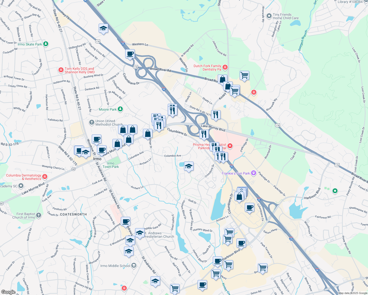 map of restaurants, bars, coffee shops, grocery stores, and more near 11 Split Rock Court in Irmo