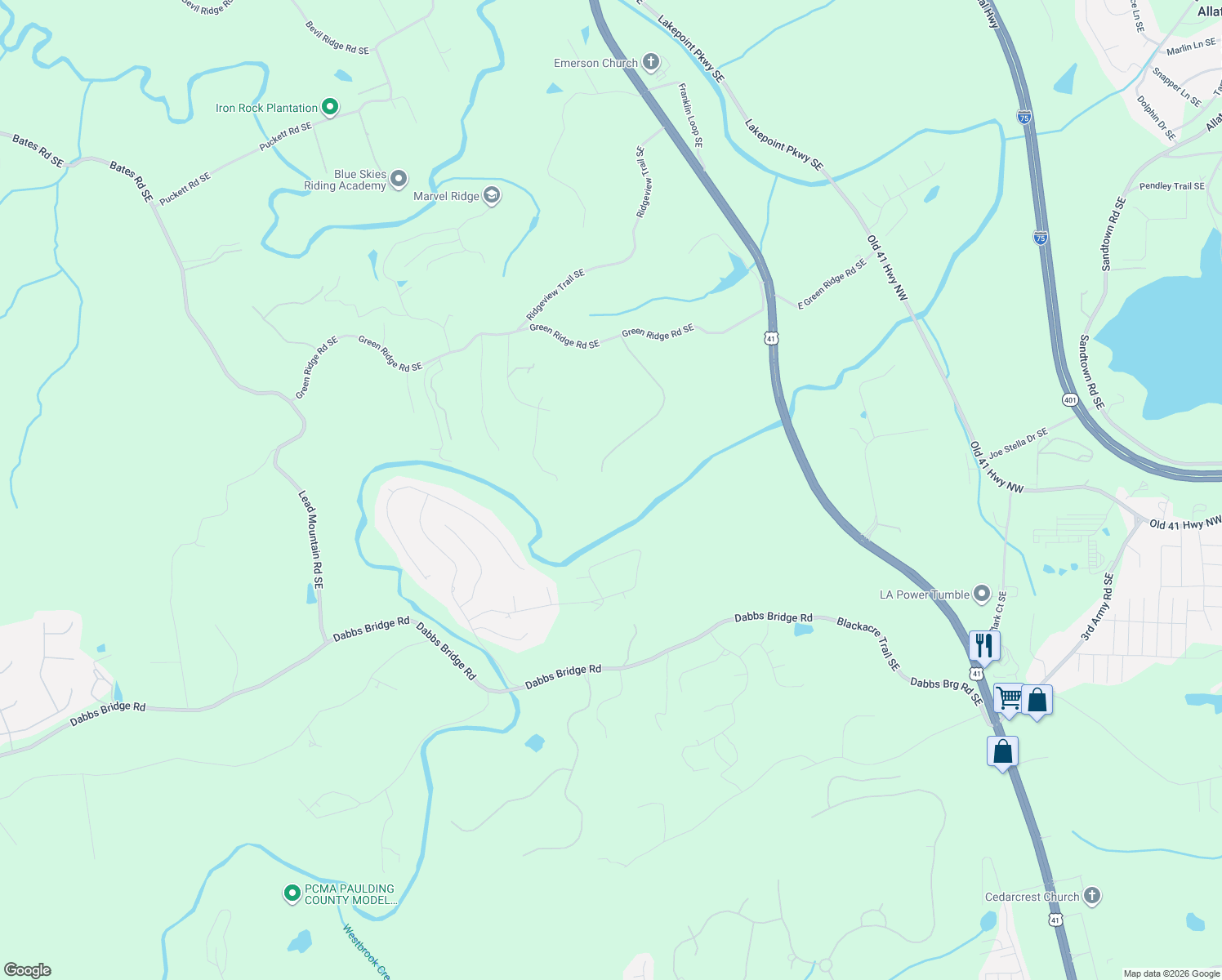 map of restaurants, bars, coffee shops, grocery stores, and more near 37 Retreat Ridge Southeast in Cartersville