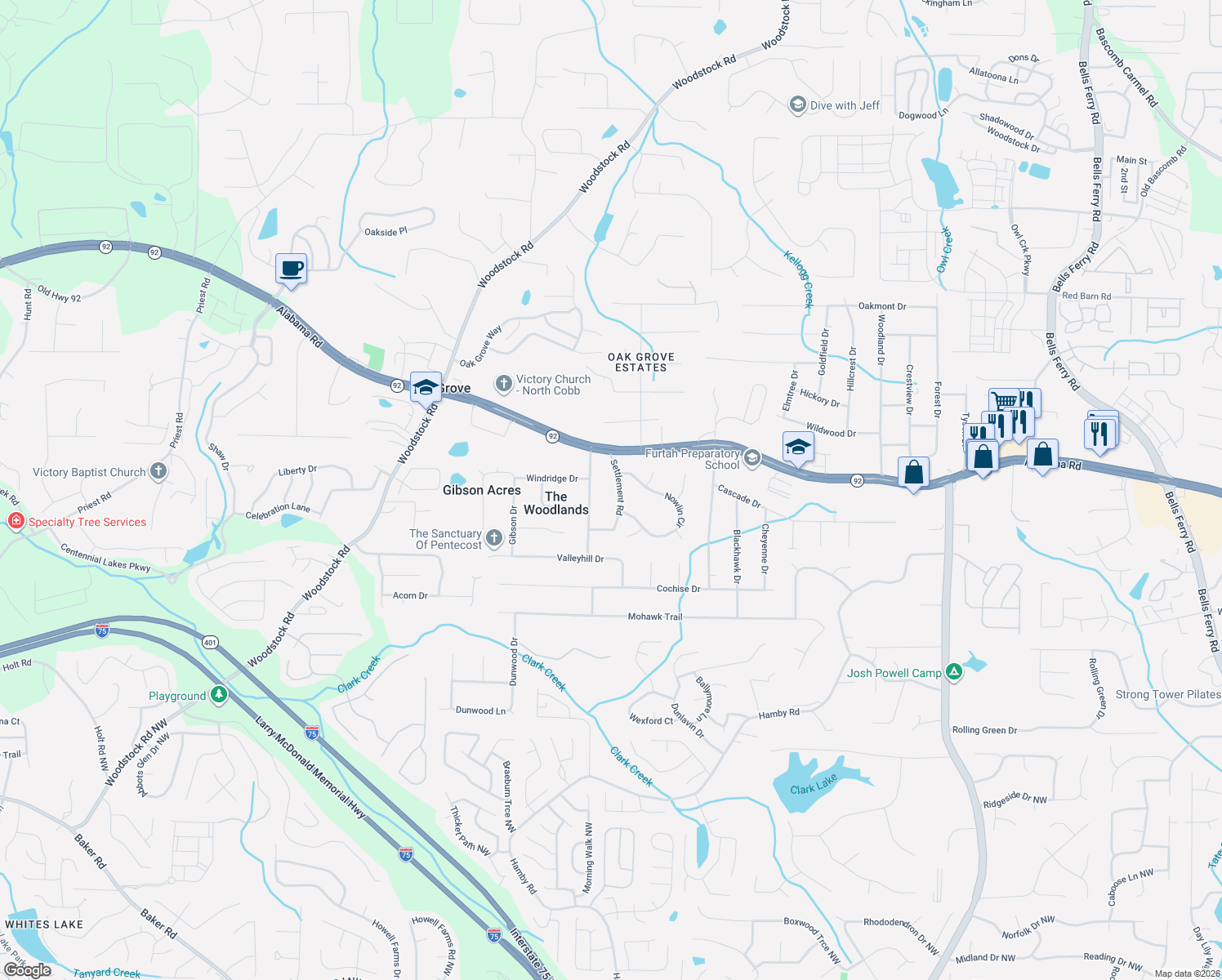 map of restaurants, bars, coffee shops, grocery stores, and more near 5557 Settlement Road in Acworth