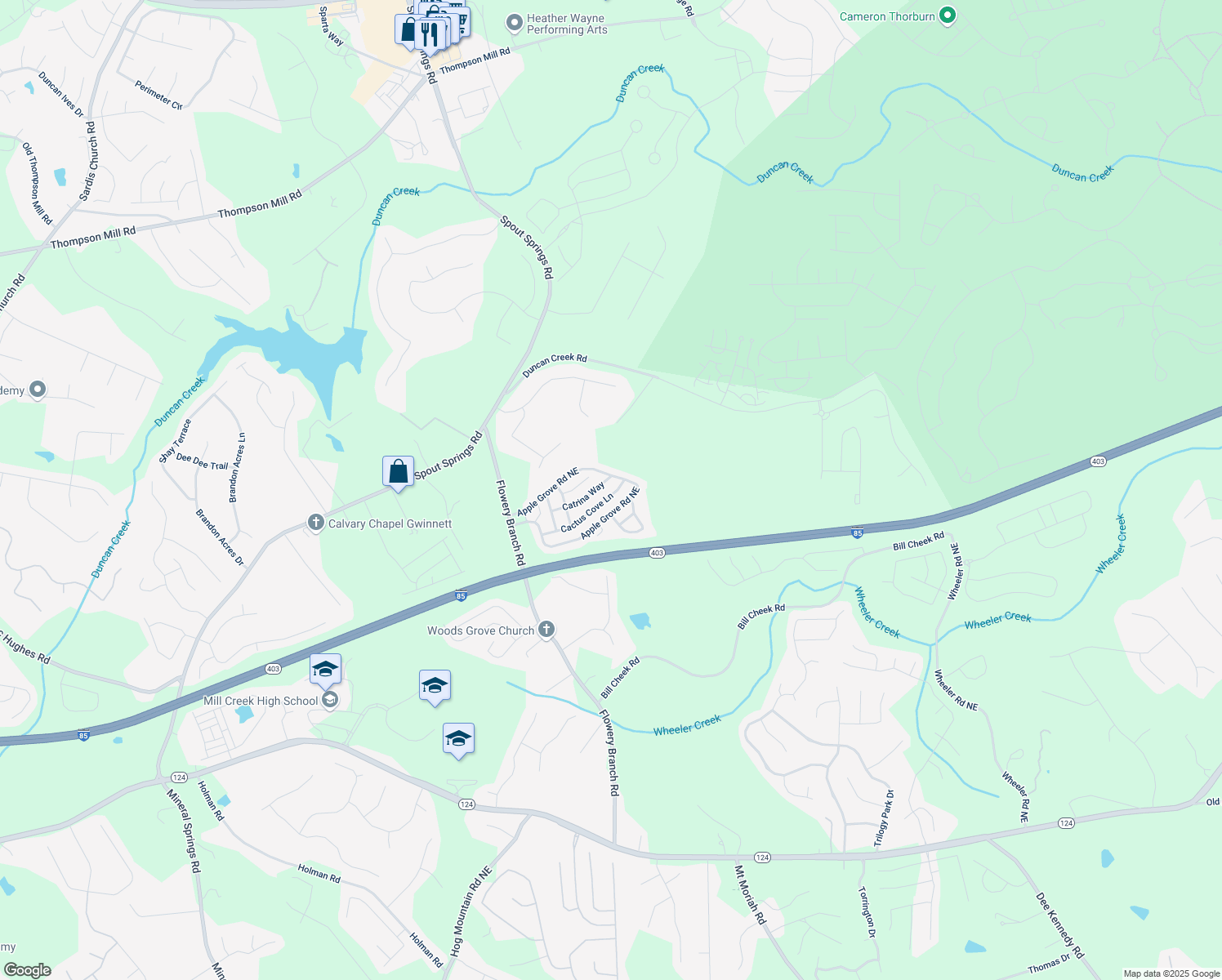 map of restaurants, bars, coffee shops, grocery stores, and more near 5328 Cactus Cove Lane in Buford