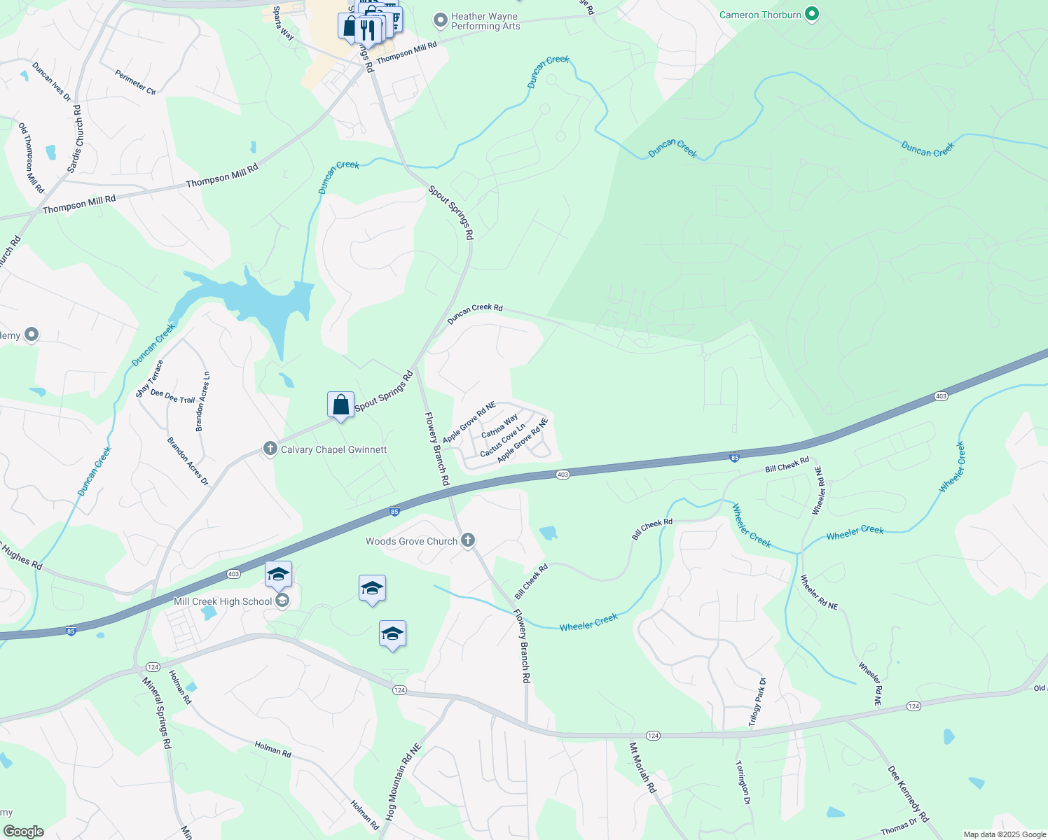map of restaurants, bars, coffee shops, grocery stores, and more near 5328 Cactus Cove Lane in Buford