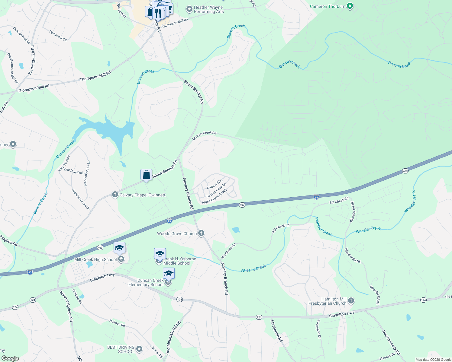 map of restaurants, bars, coffee shops, grocery stores, and more near 5318 Cactus Cove Lane in Buford