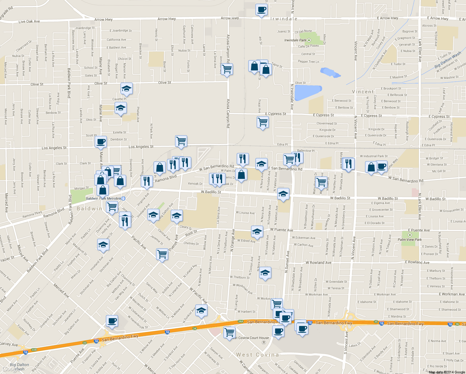 map of restaurants, bars, coffee shops, grocery stores, and more near 1811 David Court in West Covina