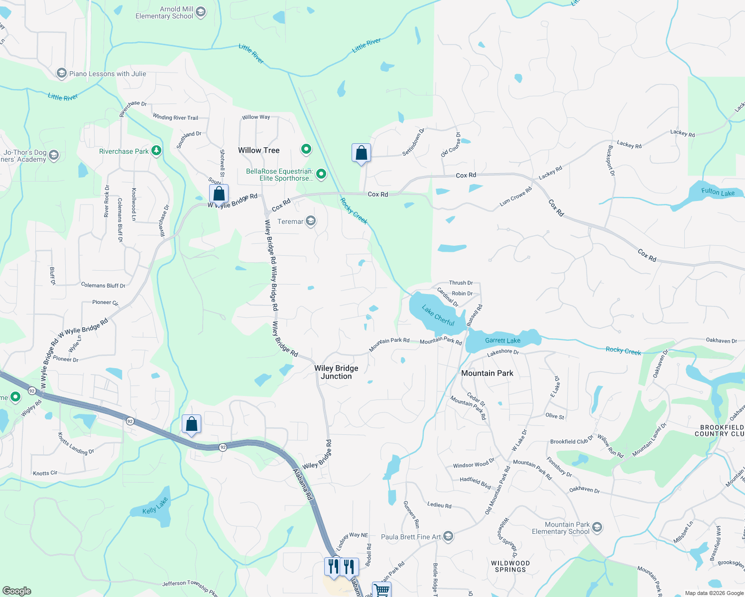 map of restaurants, bars, coffee shops, grocery stores, and more near 179 Rocky Creek Trail in Woodstock