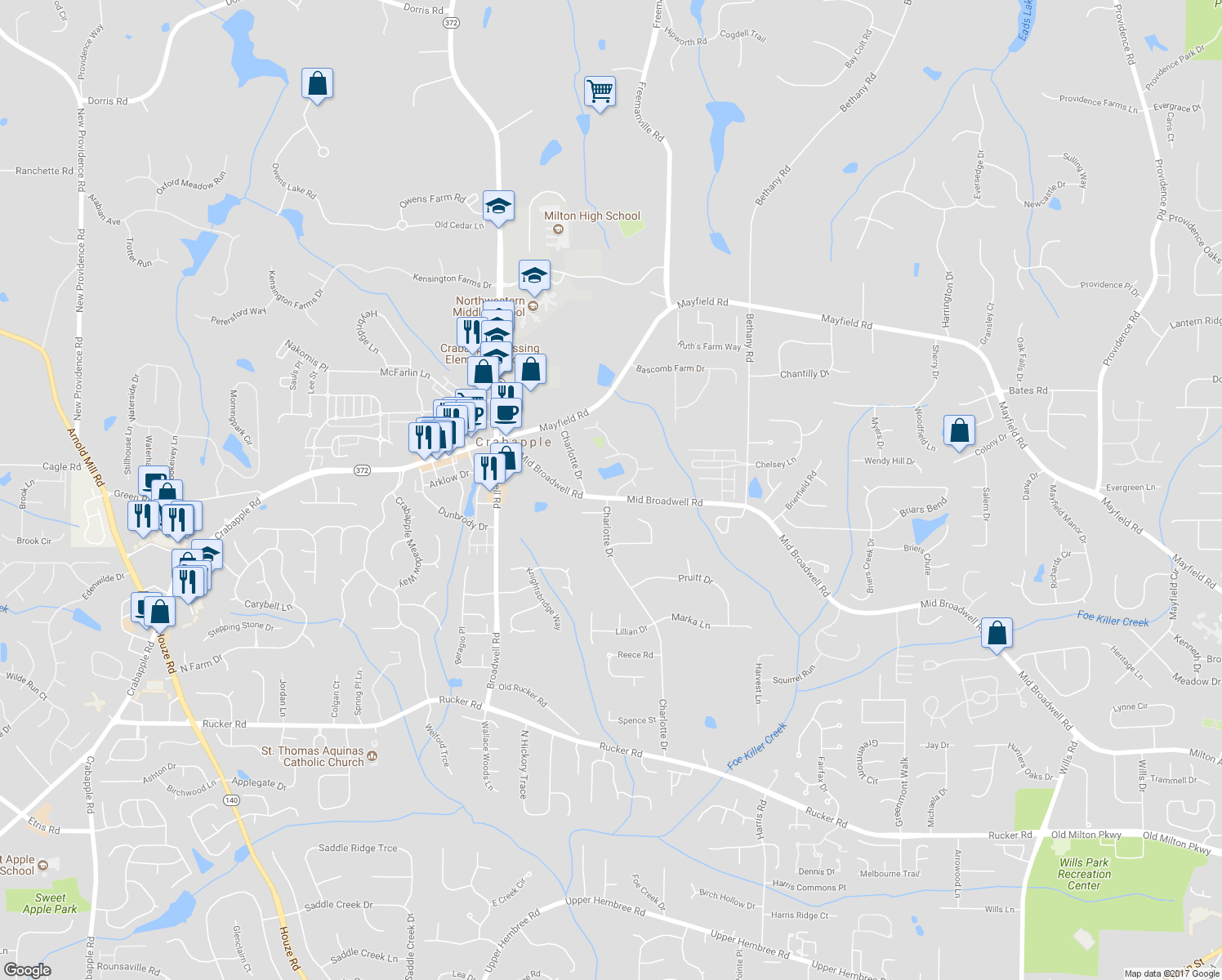 map of restaurants, bars, coffee shops, grocery stores, and more near 1000 Saint Michelle Drive in Alpharetta