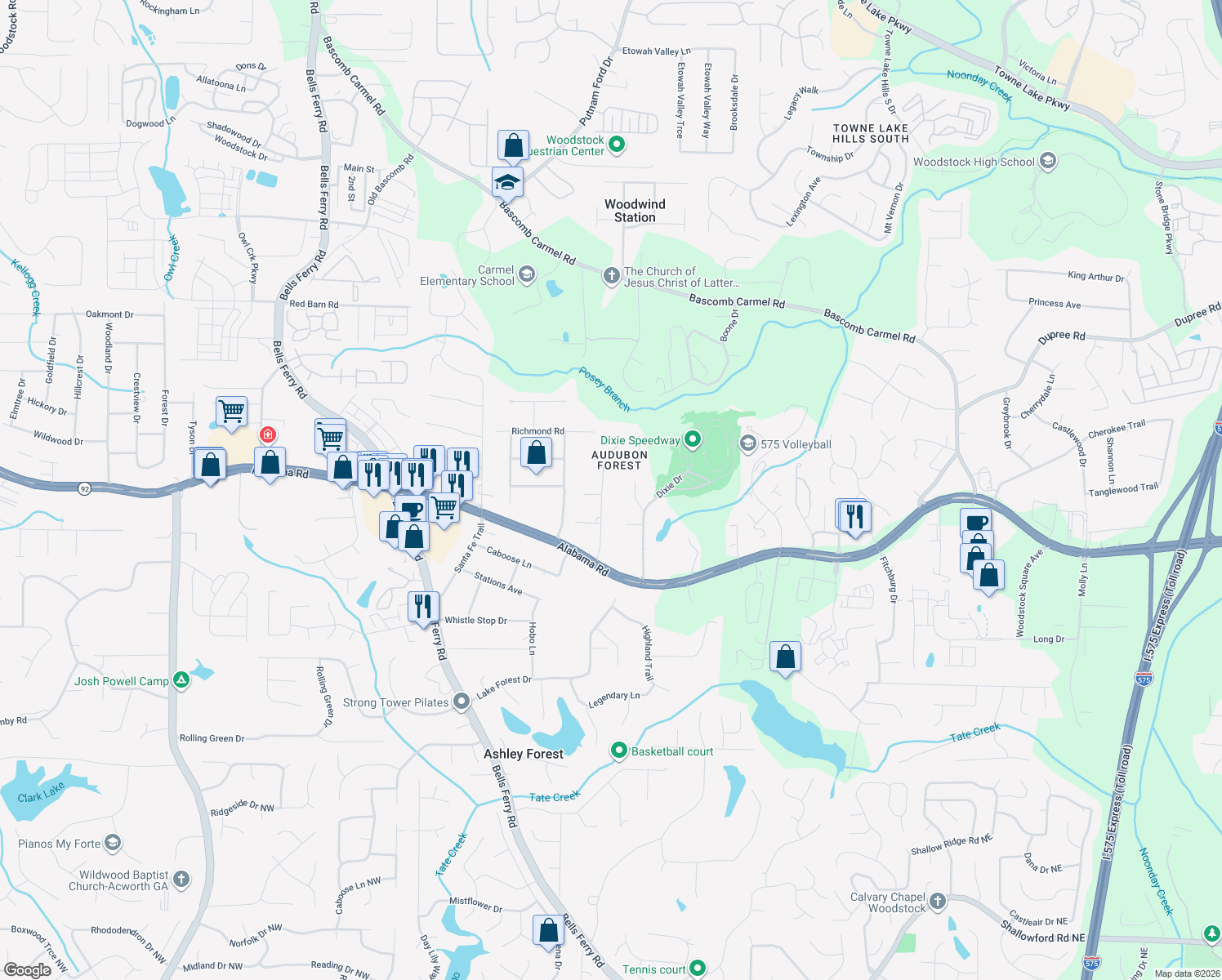 map of restaurants, bars, coffee shops, grocery stores, and more near 142 Quail Run in Woodstock