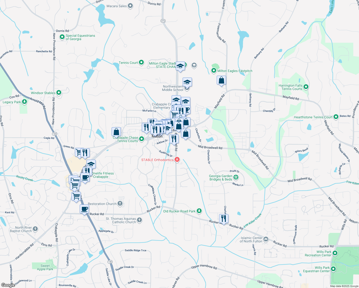 map of restaurants, bars, coffee shops, grocery stores, and more near 12575 Broadwell Rd in Alpharetta