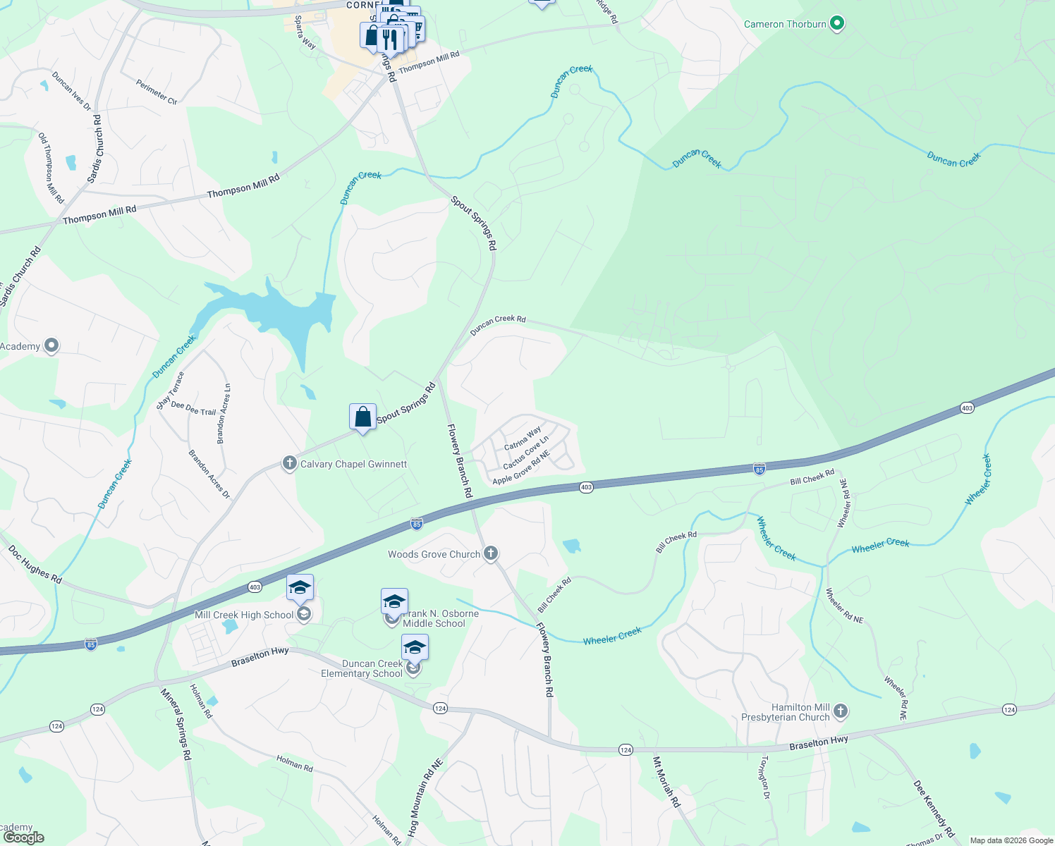 map of restaurants, bars, coffee shops, grocery stores, and more near 5189 Cedar Shoals Dr in Buford