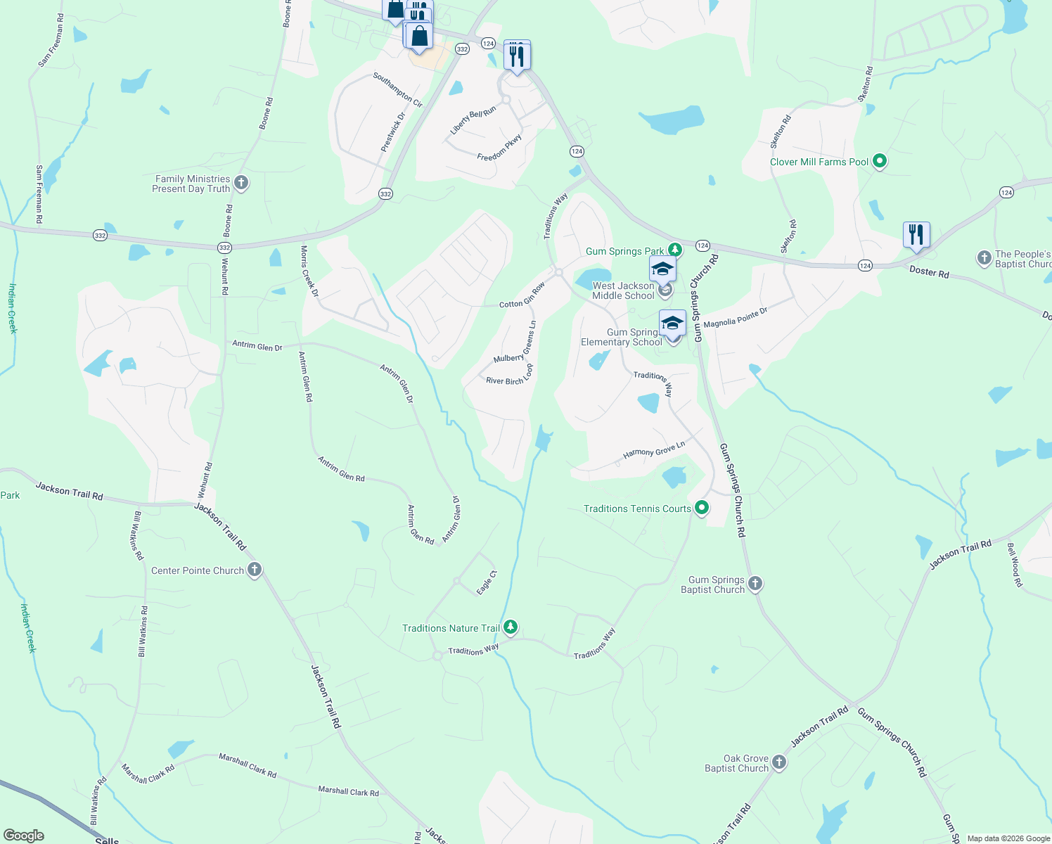 map of restaurants, bars, coffee shops, grocery stores, and more near 3173 Mulberry Greens Lane in Jefferson