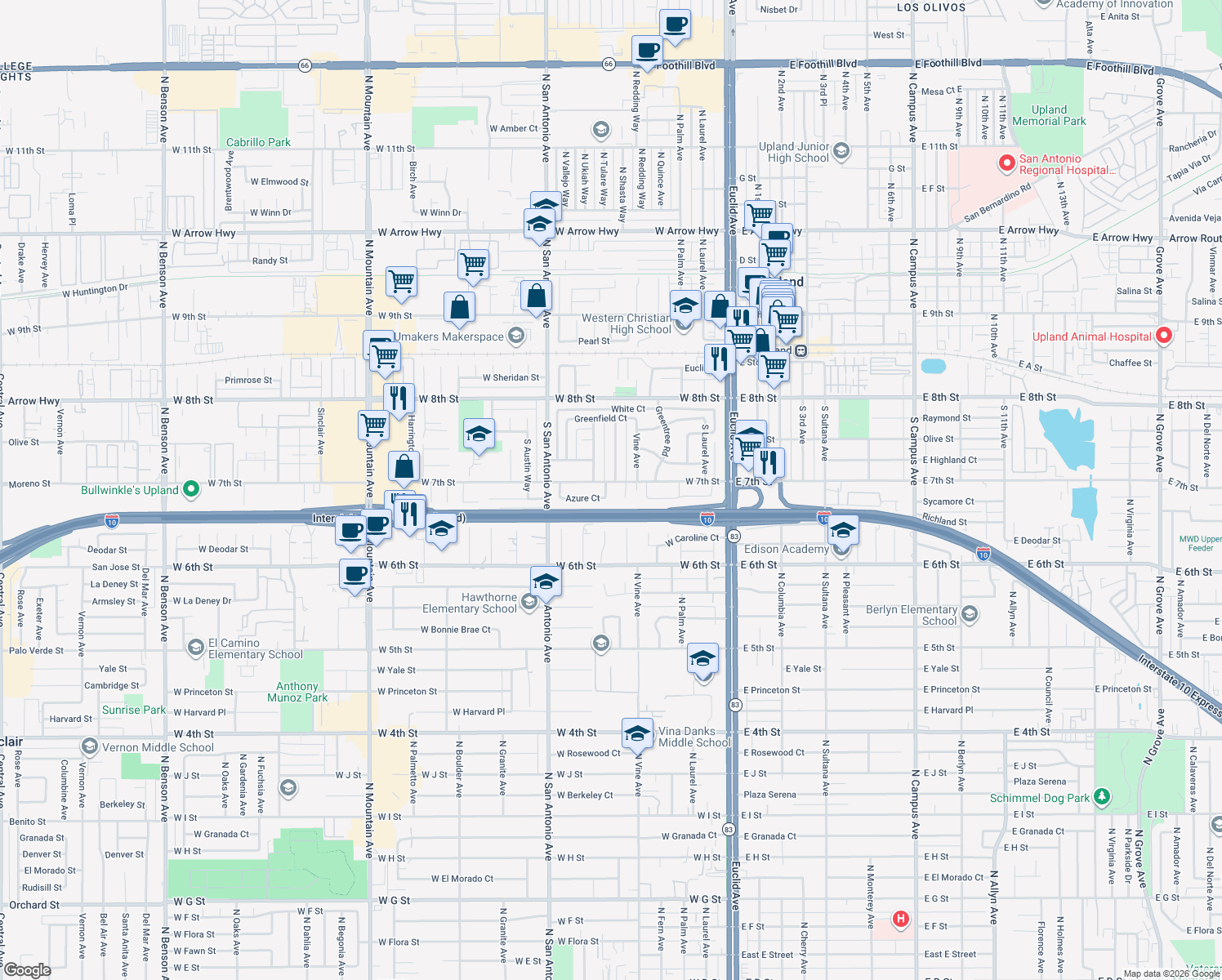 map of restaurants, bars, coffee shops, grocery stores, and more near 418 South Tulare Way in Upland