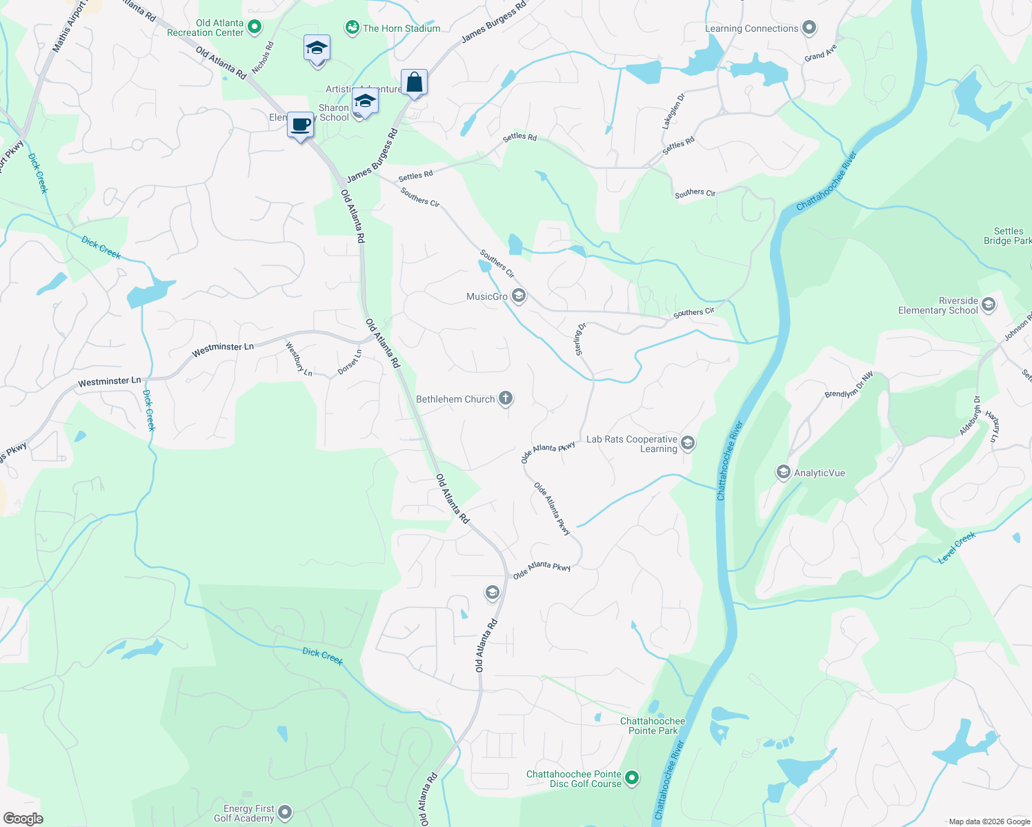 map of restaurants, bars, coffee shops, grocery stores, and more near 5465 Estate View Trace in Suwanee