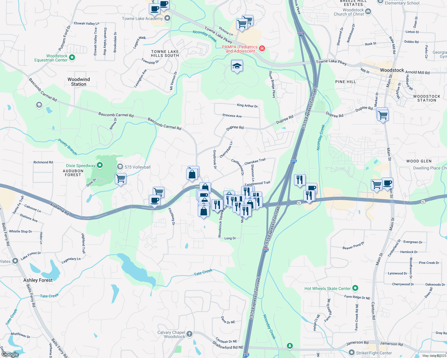 map of restaurants, bars, coffee shops, grocery stores, and more near 1040 Cherokee Trail in Woodstock