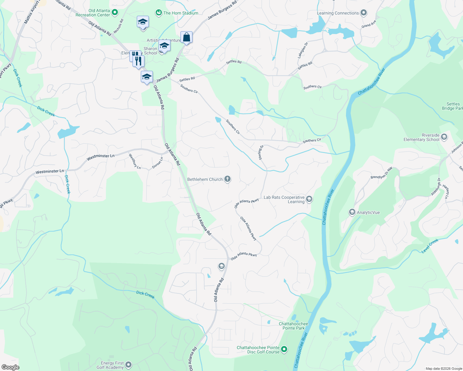map of restaurants, bars, coffee shops, grocery stores, and more near 5465 Estate View Trace in Suwanee