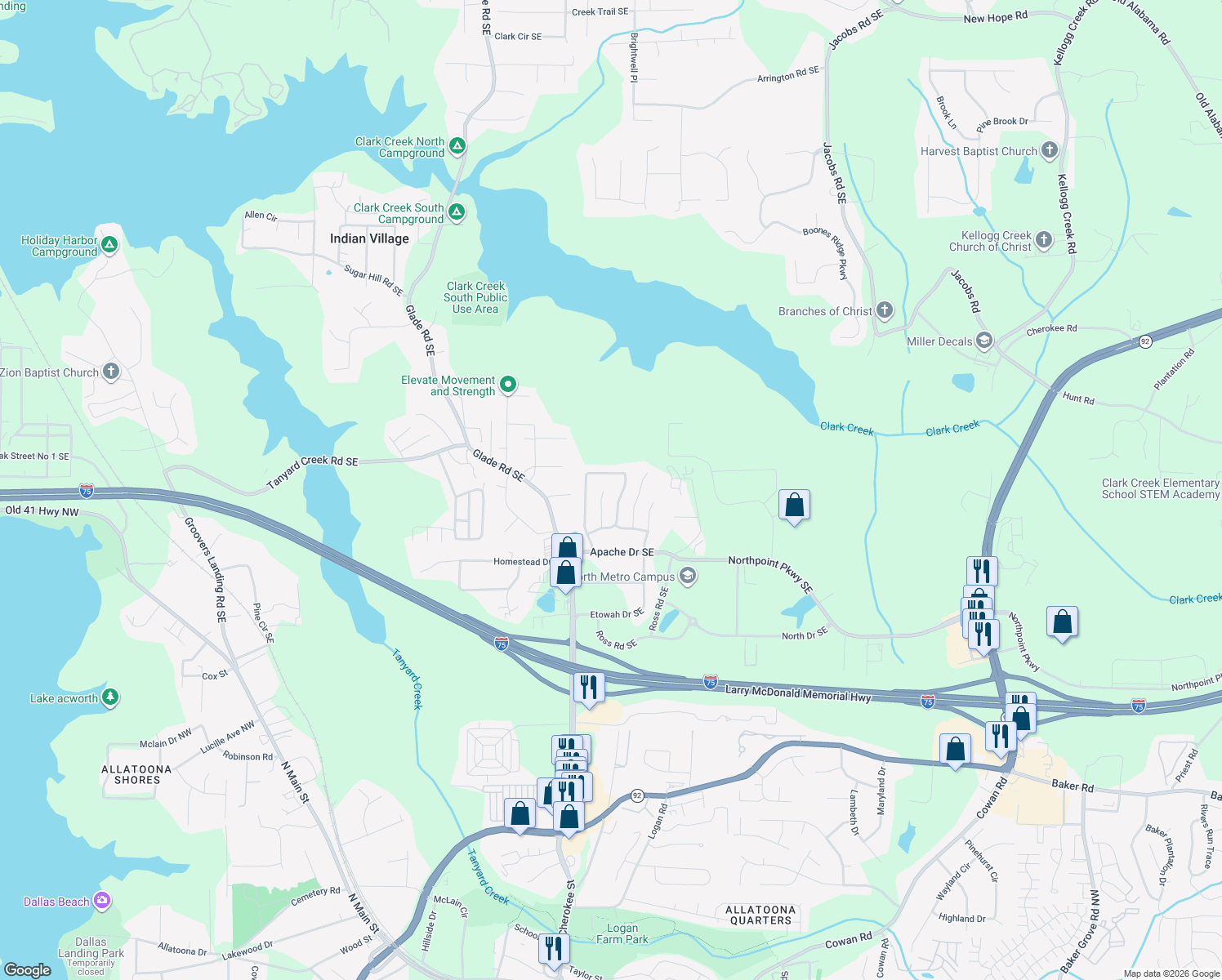 map of restaurants, bars, coffee shops, grocery stores, and more near 214 Kiowa Court Southeast in Acworth