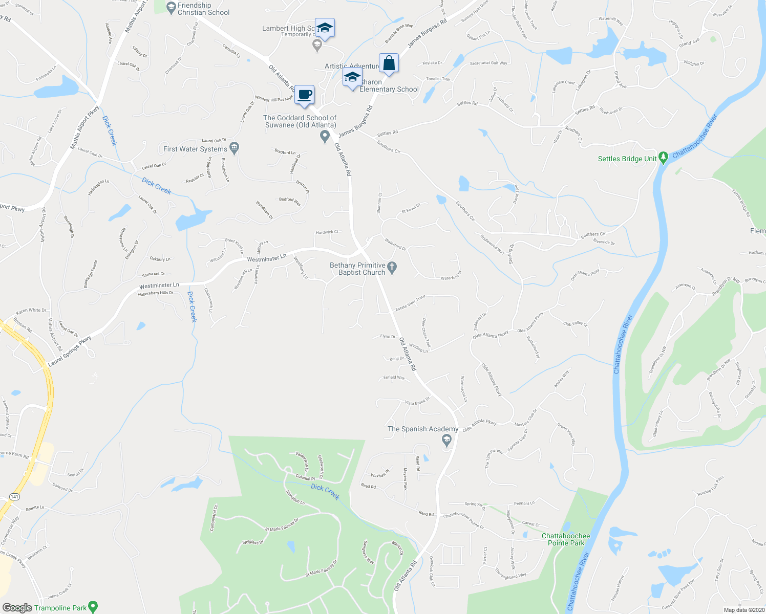 map of restaurants, bars, coffee shops, grocery stores, and more near 5220 Winflow Way in Suwanee