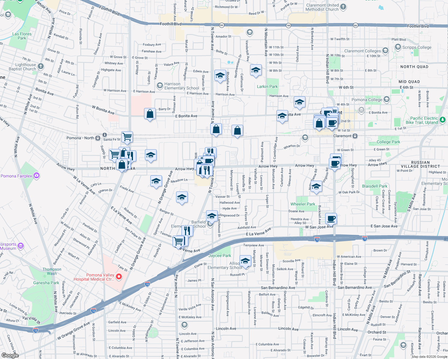 map of restaurants, bars, coffee shops, grocery stores, and more near 827 Oakhurst Dr in Pomona