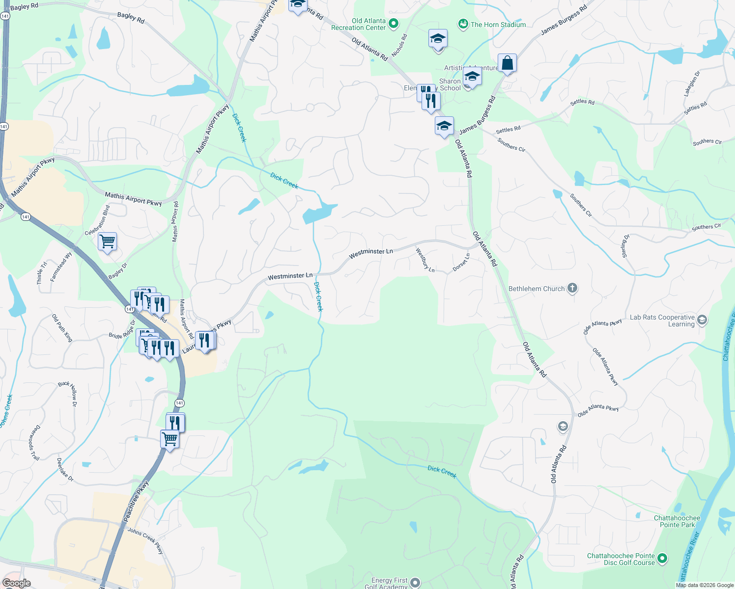 map of restaurants, bars, coffee shops, grocery stores, and more near 4790 Ashwell Lane in Suwanee