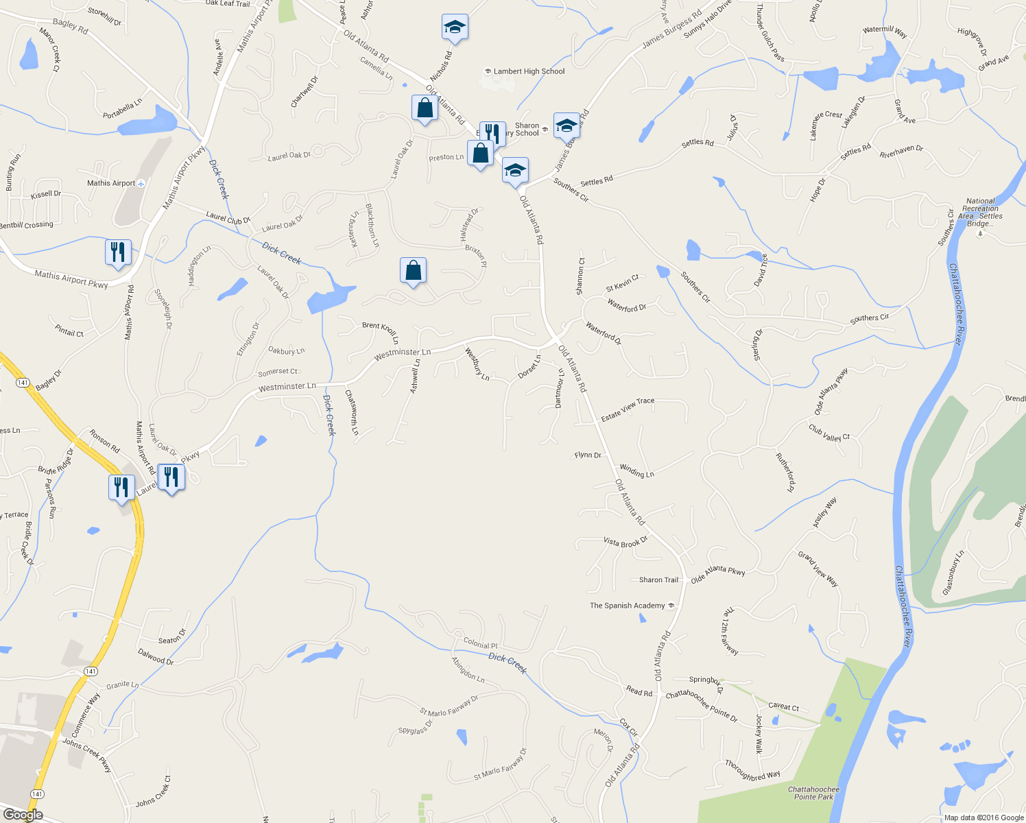 map of restaurants, bars, coffee shops, grocery stores, and more near 5125 Abbotts Court in Suwanee