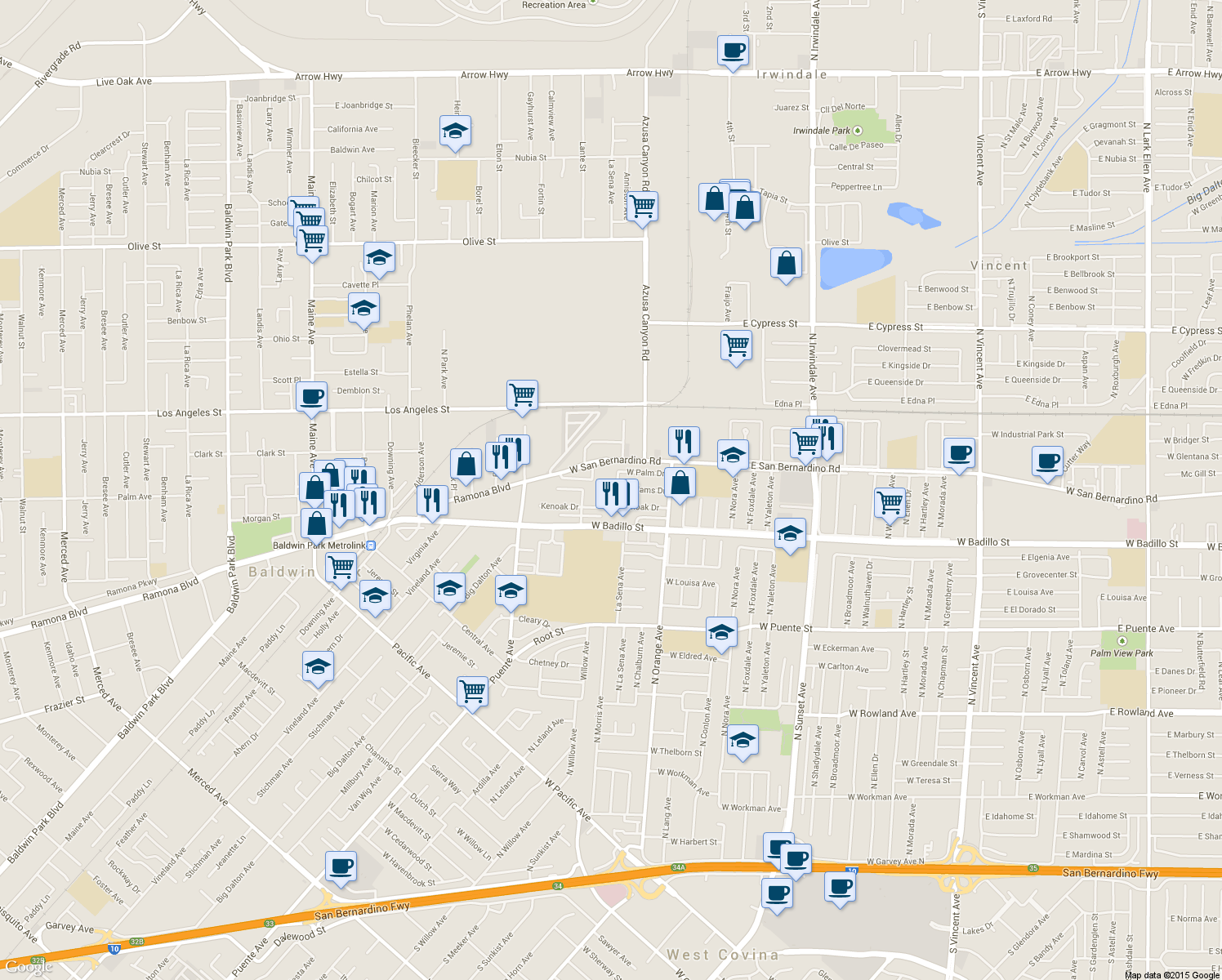 map of restaurants, bars, coffee shops, grocery stores, and more near 945 North Morris Avenue in West Covina