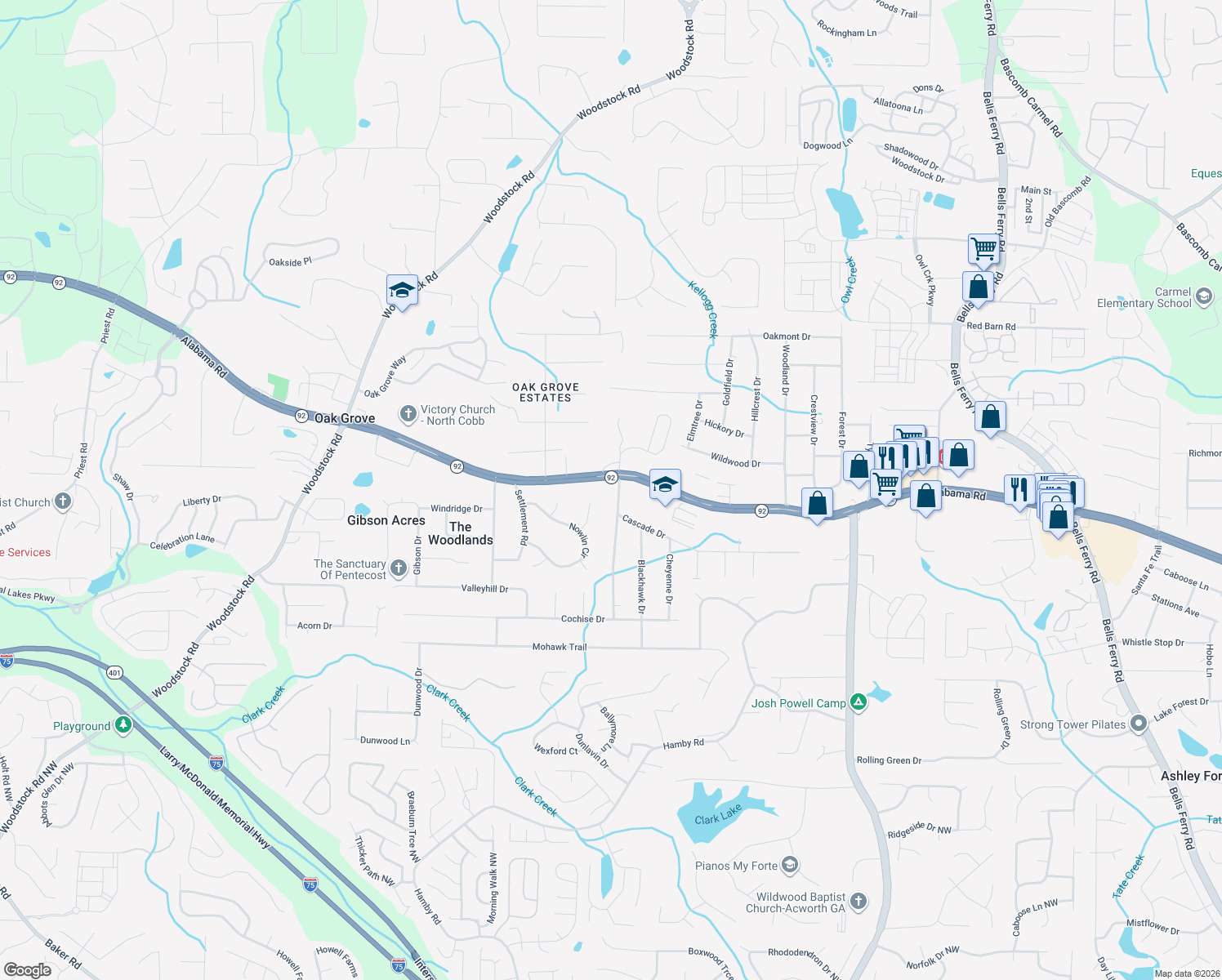 map of restaurants, bars, coffee shops, grocery stores, and more near 5609 Seminole Way in Acworth