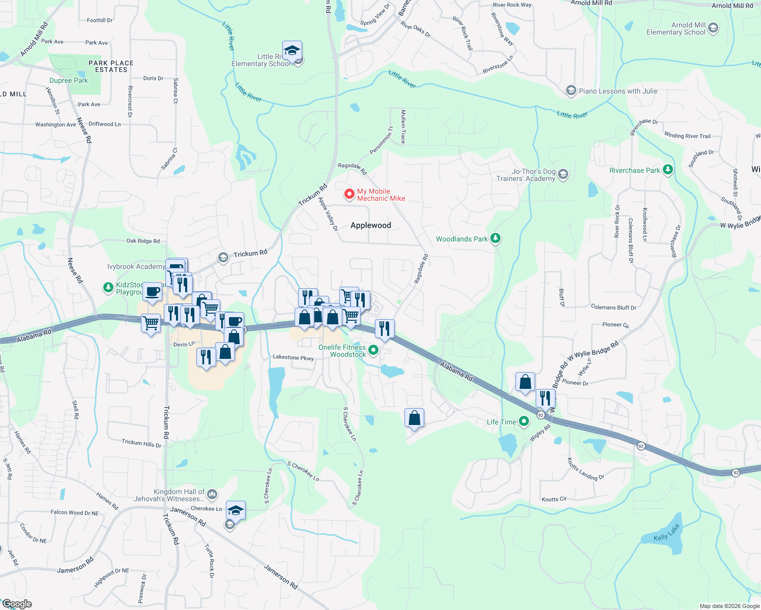 map of restaurants, bars, coffee shops, grocery stores, and more near 231 Village Square Drive in Woodstock