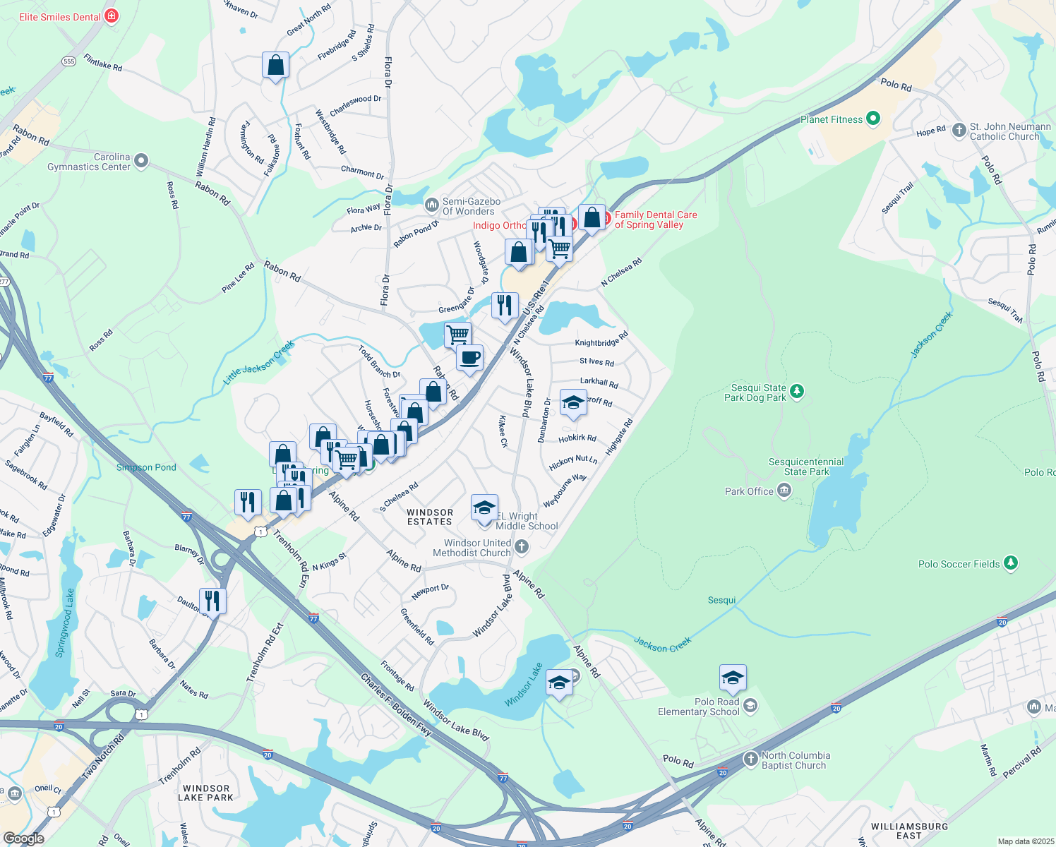 map of restaurants, bars, coffee shops, grocery stores, and more near 9758 Windsor Lake Boulevard in Columbia