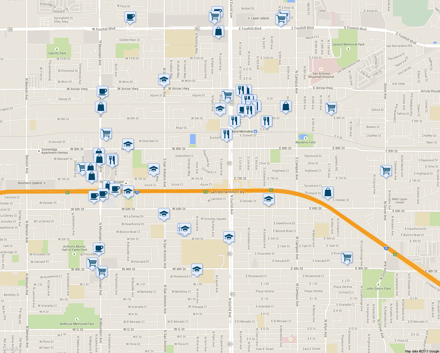 map of restaurants, bars, coffee shops, grocery stores, and more near 107 West 7th Street in Upland