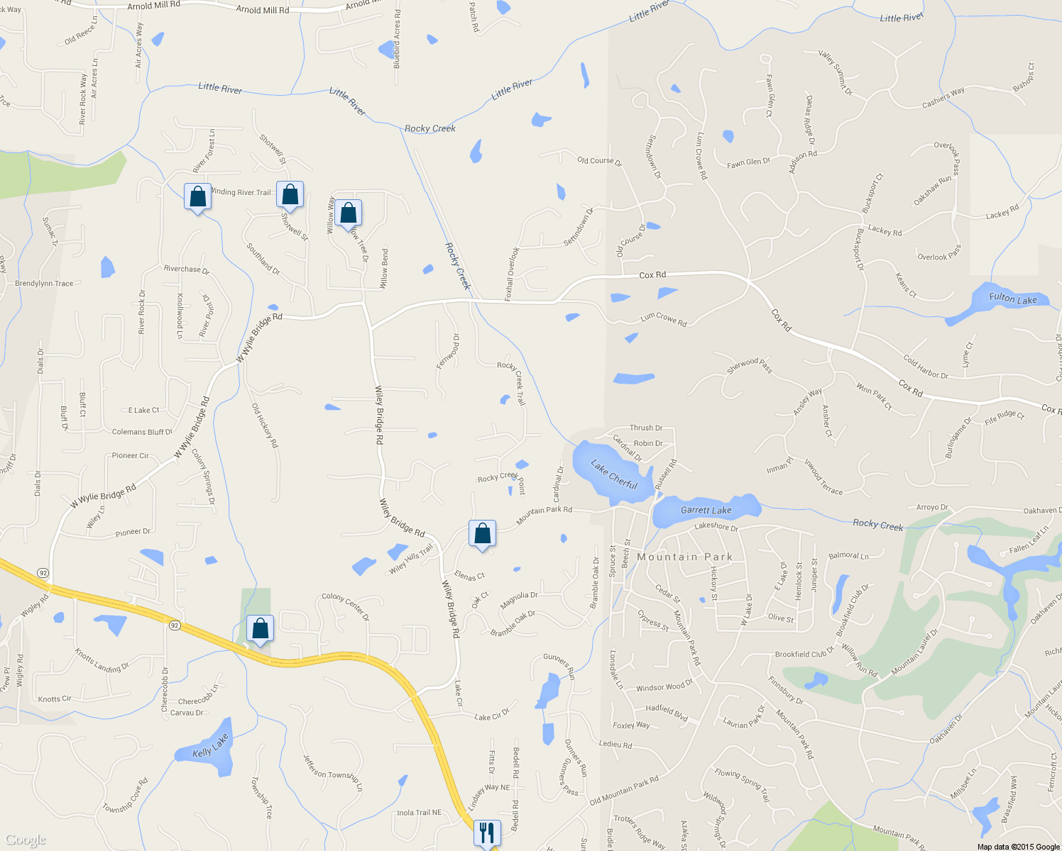 map of restaurants, bars, coffee shops, grocery stores, and more near 169 Rocky Creek Trail in Woodstock