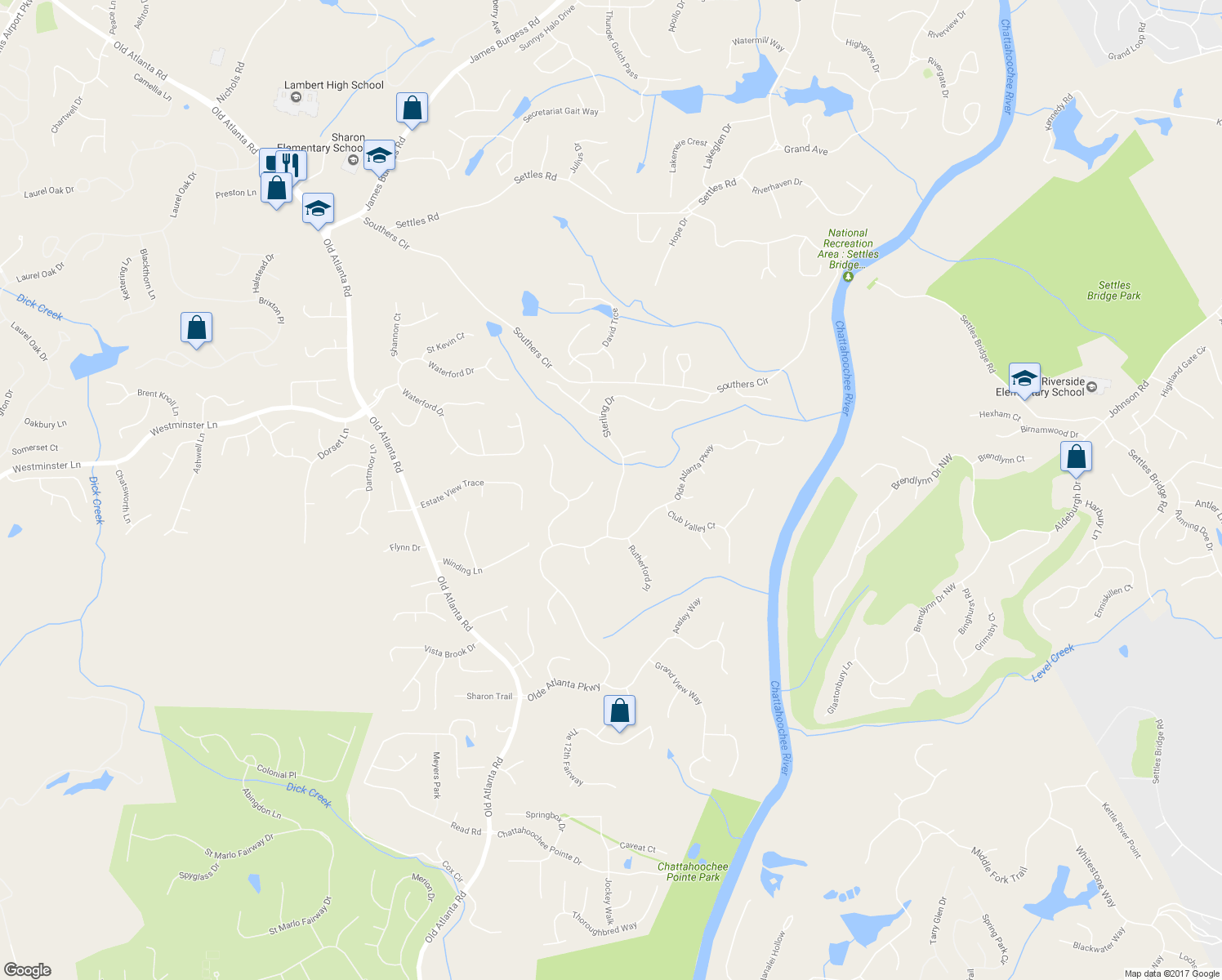 map of restaurants, bars, coffee shops, grocery stores, and more near 6285 Sterling Drive in Suwanee