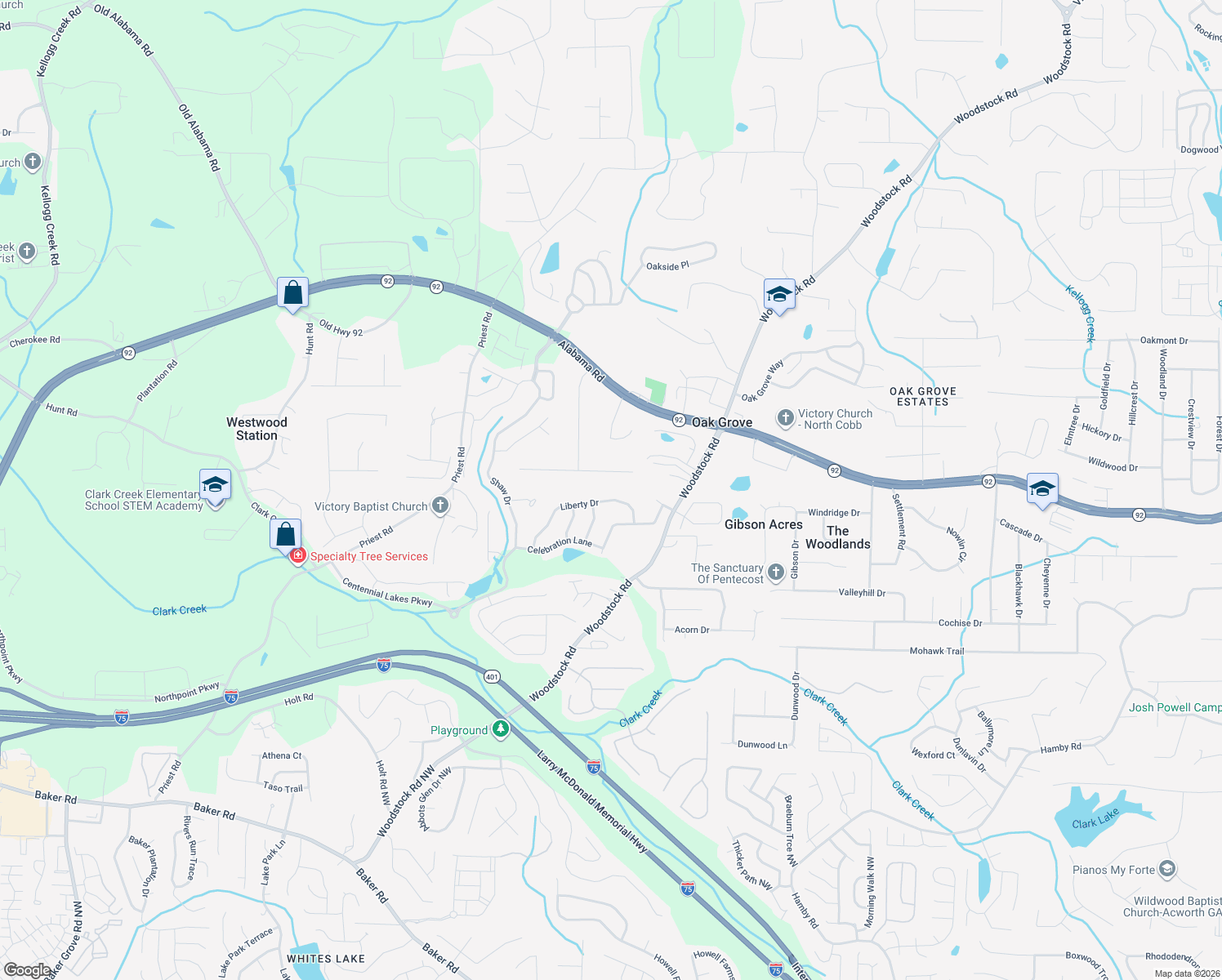 map of restaurants, bars, coffee shops, grocery stores, and more near 5665 Woodstock Rd in Acworth