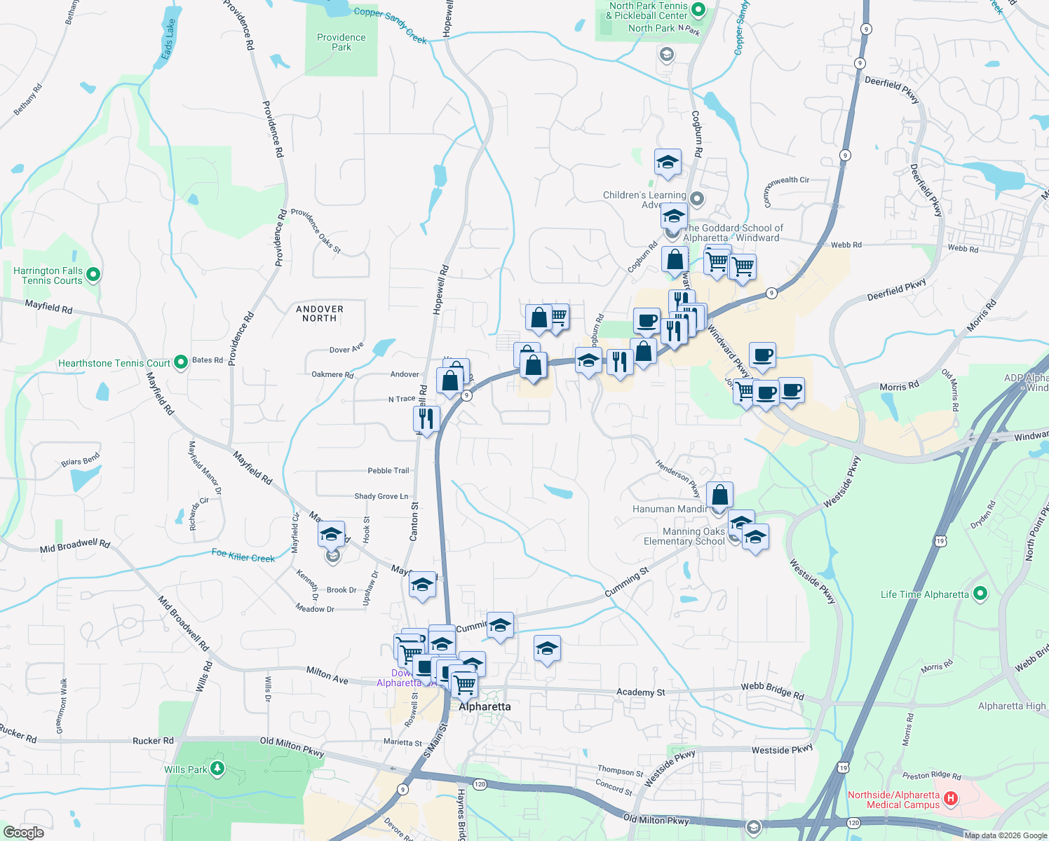 map of restaurants, bars, coffee shops, grocery stores, and more near 1110 Winthrope Chase Drive in Alpharetta