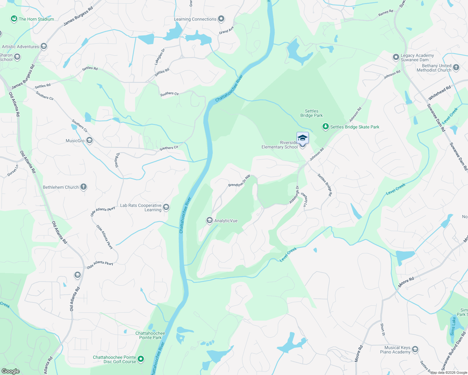 map of restaurants, bars, coffee shops, grocery stores, and more near 5584 Brendlynn Drive Northwest in Suwanee