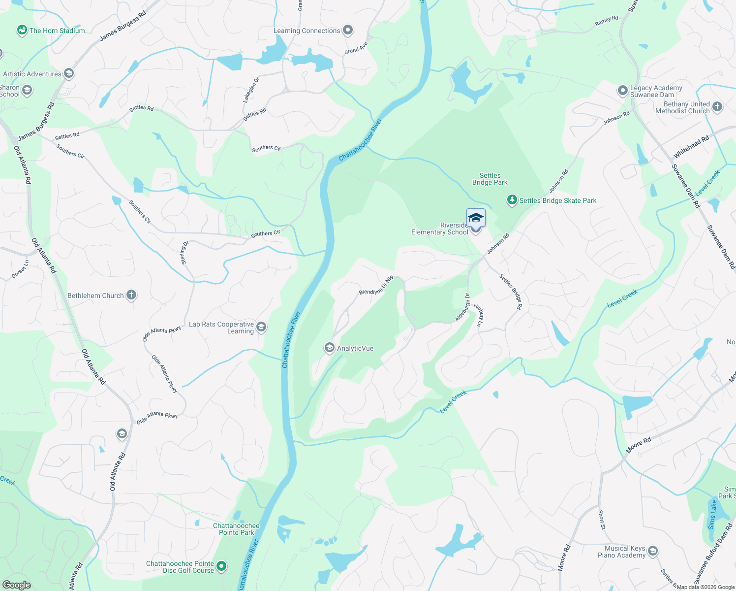 map of restaurants, bars, coffee shops, grocery stores, and more near 5584 Brendlynn Drive Northwest in Suwanee