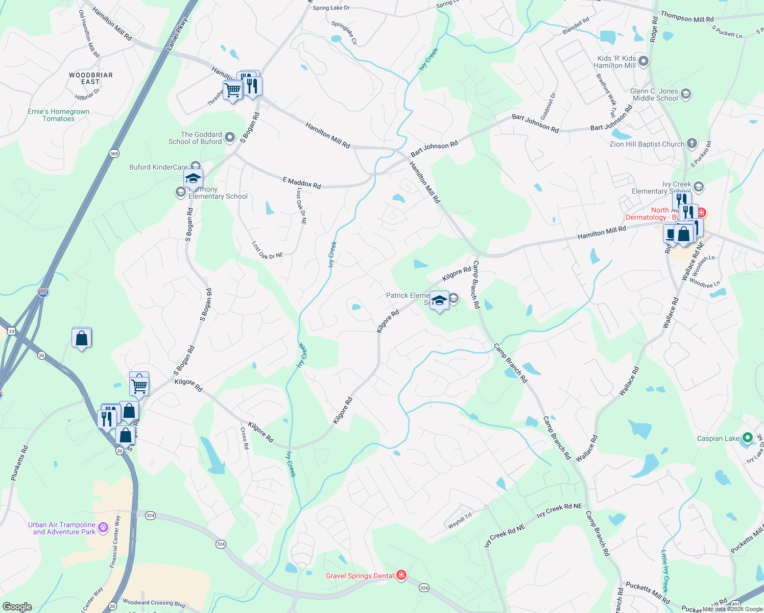 map of restaurants, bars, coffee shops, grocery stores, and more near 2612 Ambria Drive in Buford