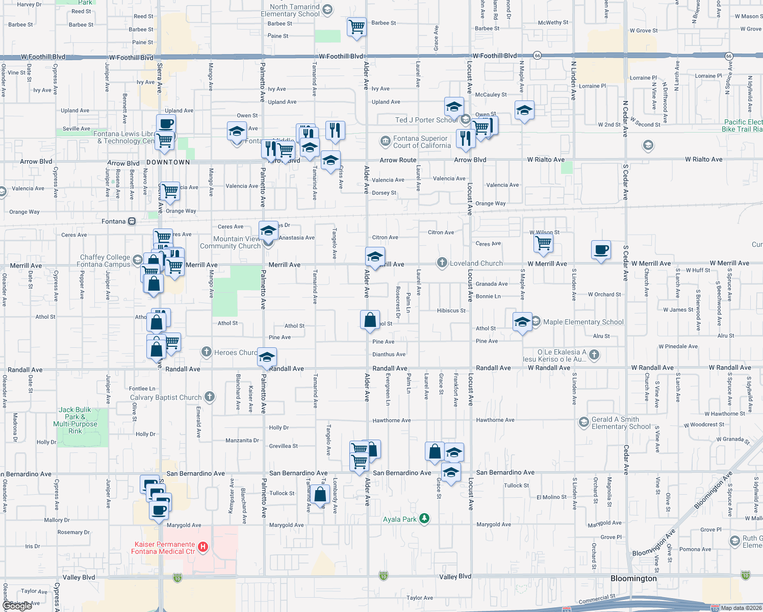 map of restaurants, bars, coffee shops, grocery stores, and more near 9061 Amber Court in Fontana