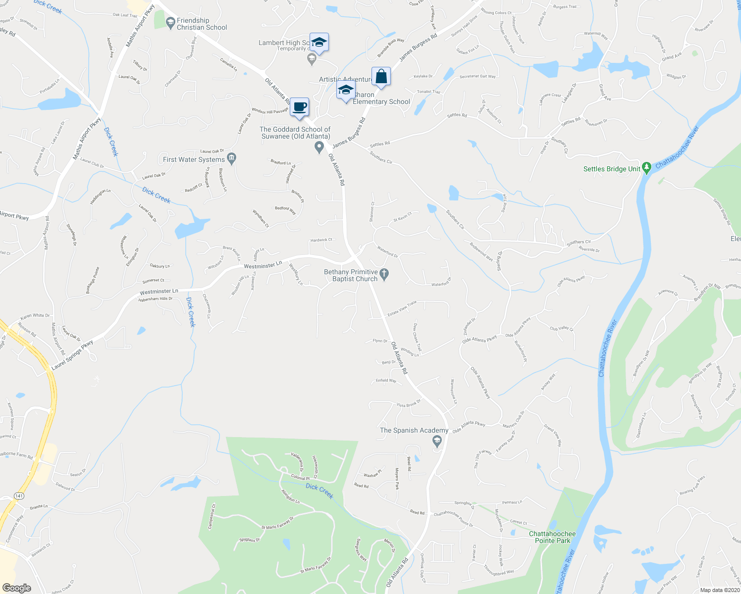 map of restaurants, bars, coffee shops, grocery stores, and more near 5285 Winflow Way in Suwanee