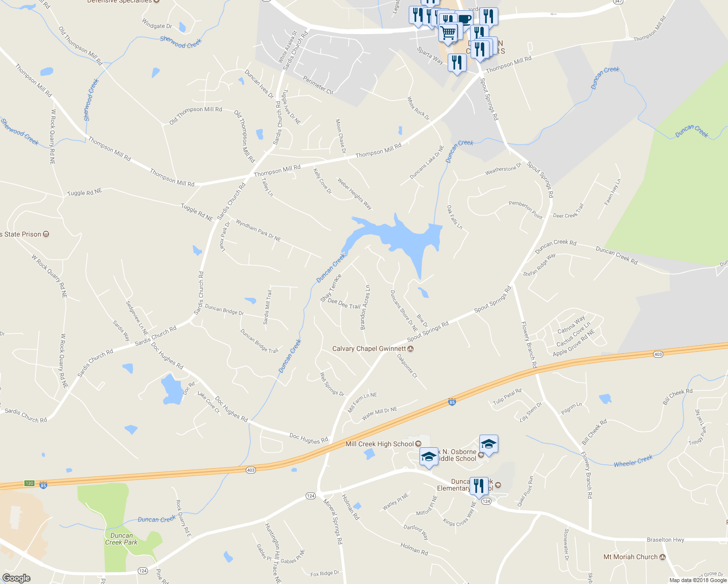 map of restaurants, bars, coffee shops, grocery stores, and more near 4790 Brandon Acres Lane in Buford